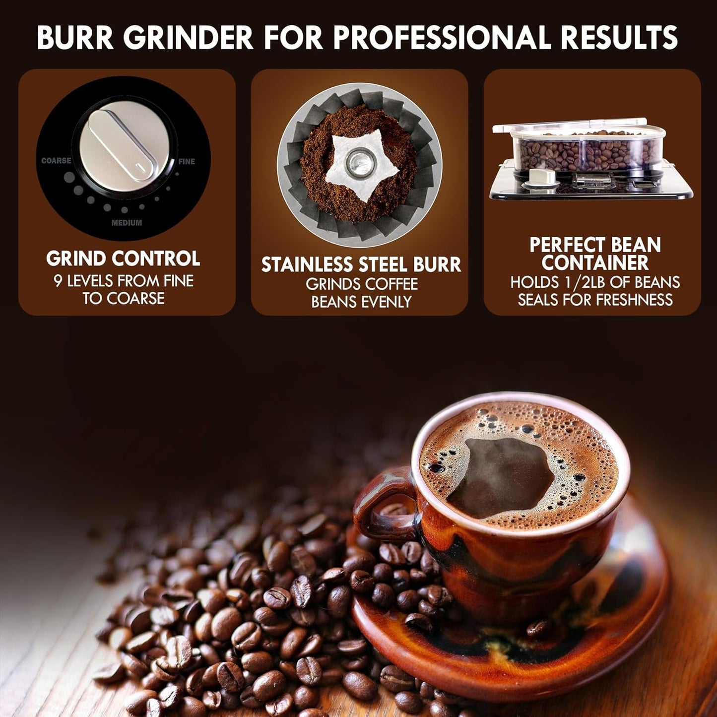 Kenmore Elite Grind And Brew Coffee Maker - Burr Grinding Ground Coffee Bean Hopper With Drip Pot, 12 Cup Programmable Automatic Brew Coffee Machine For Barista Style Cafetera, Use For Kitchen & Café