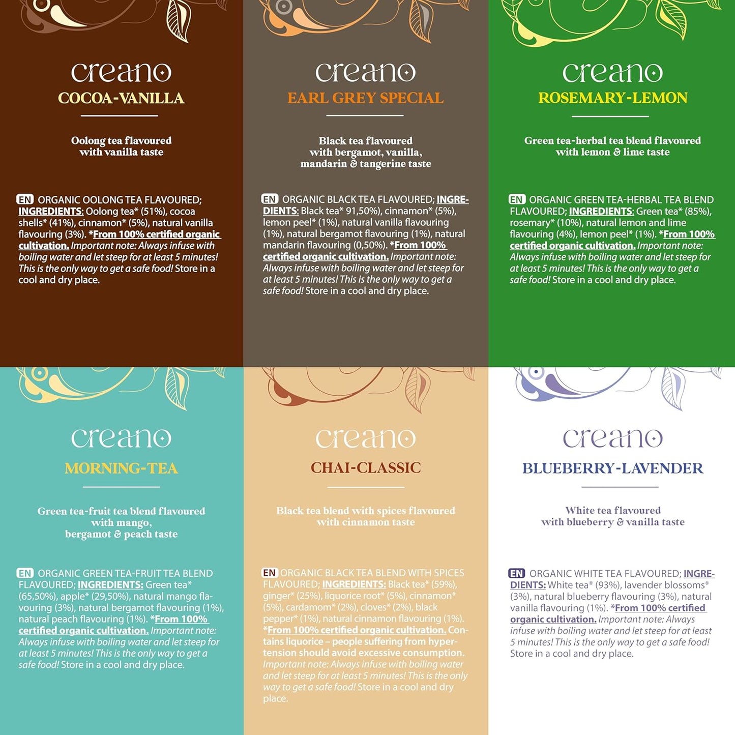 Creano Organic Tea Gift Set – 24 Organic Tea Bags in 6 Dreamy Varieties – 48 g*