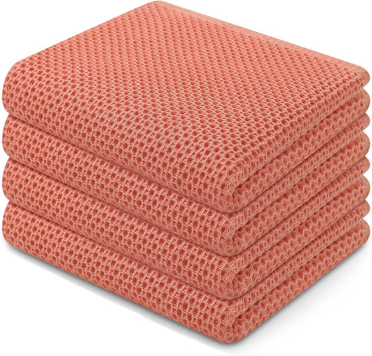 Homaxy 100% Cotton Waffle Weave Kitchen Dish Towels, Ultra Soft Absorbent Quick Drying Cleaning Towel, 13 x 28 Inches, 4-Pack, Coral