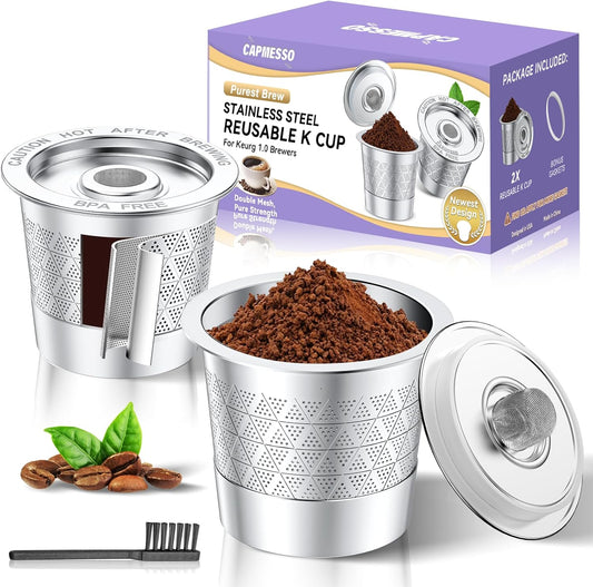 CAPMESSO Reusable K Cups for keurig: Refillable Stainless steel Coffee Pods for Keurig 1.0 Coffee Maker - Upgraded Dual-mesh Coffee Filters for Richer Coffee NO Grit, Eco-Friendly (2 Pack & 3 Rings)