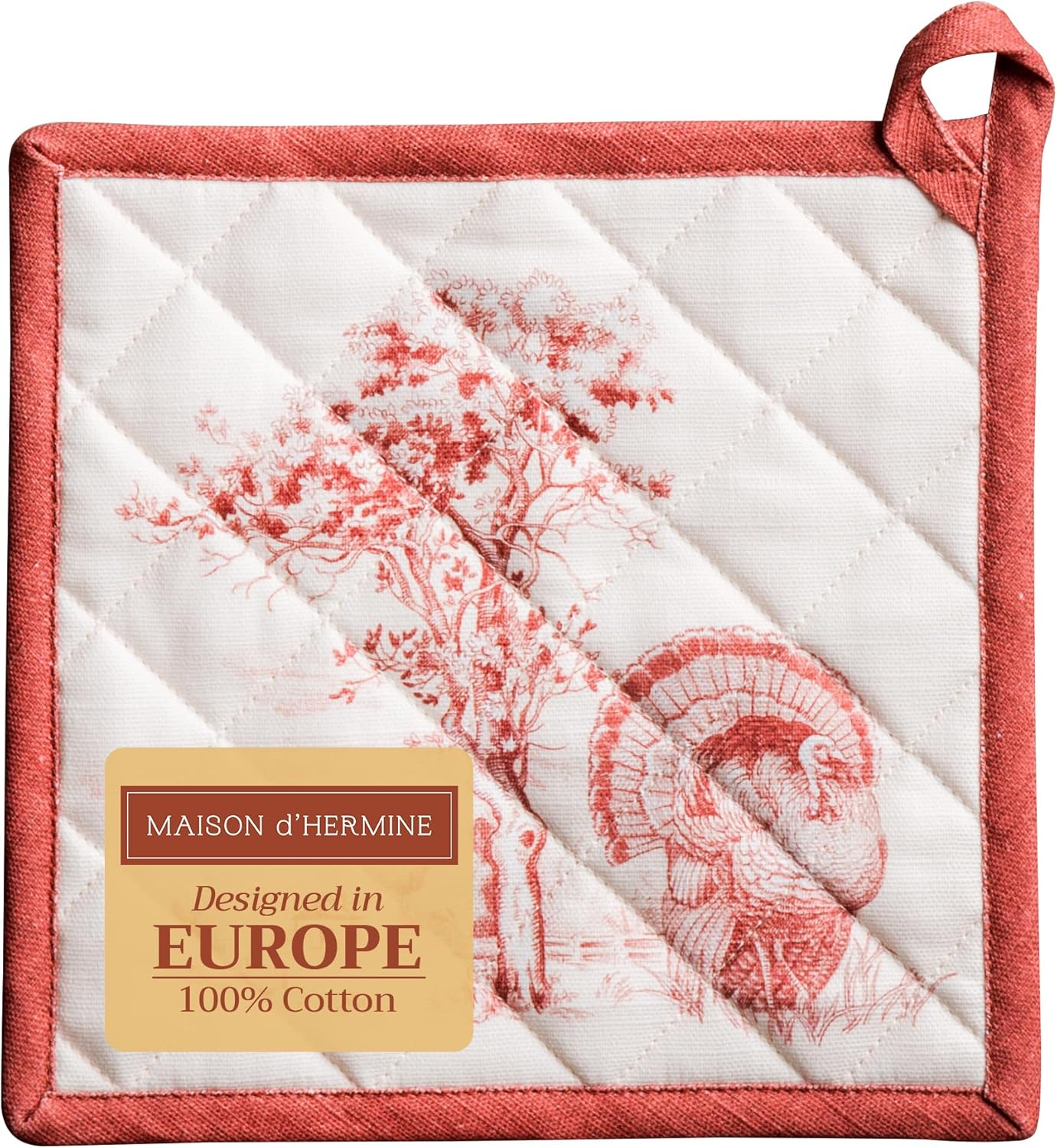 Maison d' Hermine Pot Holders 100% Cotton Heat Resistant Potholders 8" x 8" Hot Pads with Loop BBQ, Cooking, Baking, Grilling, Kitchen, Handling Hot Pans (Pack of 1, Holy Jouy - Red)