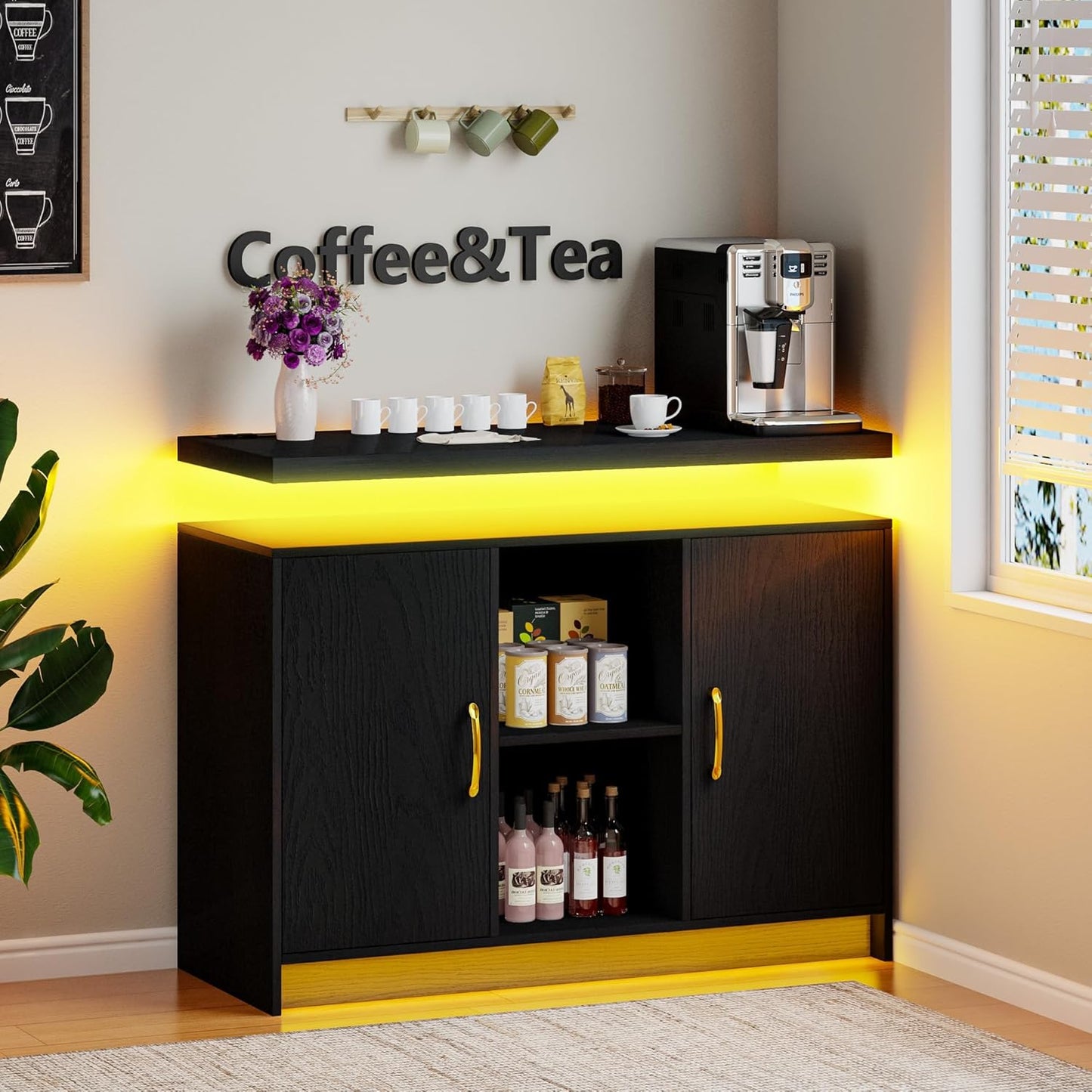 4 EVER WINNER LED Coffee Bar Cabinet, Sideboard Buffet Cabinets with Storage, Modern Cabinet with Charging Station, Black Coffee Bar for Kitchen, Dining Room