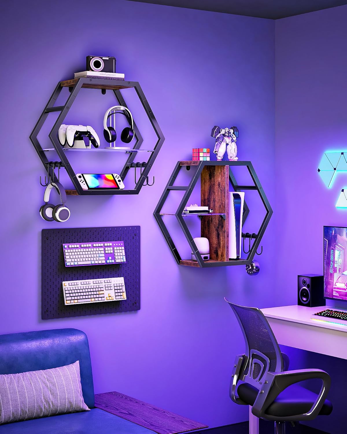 Hexagon Floating Shelves Set of 2, Glass Hanging Shelves for Wall Decor, Industrial Style Wall Storage Rack and 12 S-Hooks, for Living Room, Bedroom, Office, Game Center, Rustic Brown TBJ08BF