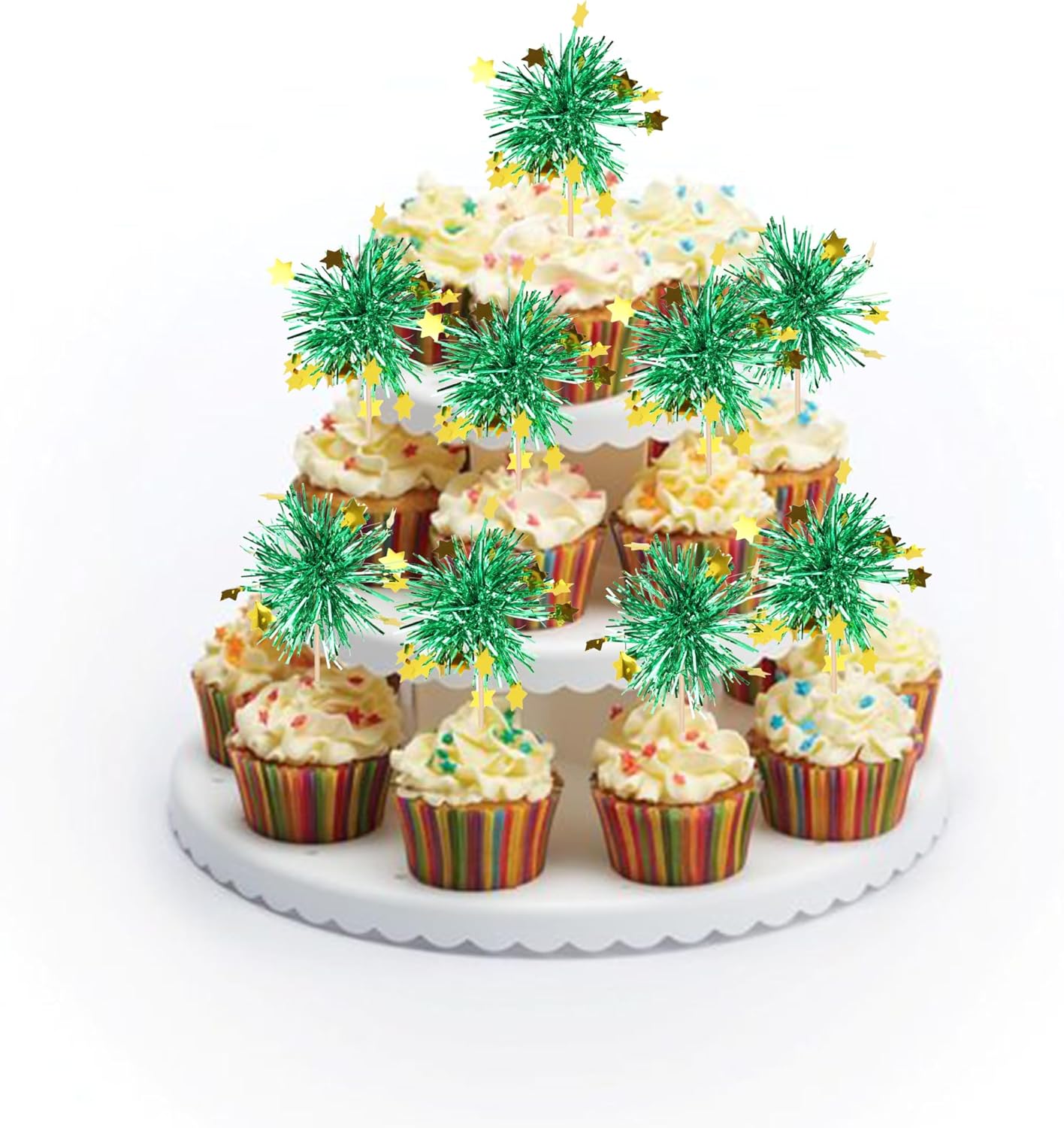 30 PCS Foil Firework Cupcake Toppers Happy Birthday Star Cupcake Picks Sparkle Tinsel Drink Stirrers Cocktail Fruit Toothpicks for Valentine's Day Wedding Birthday Party Decorations Supplies Green