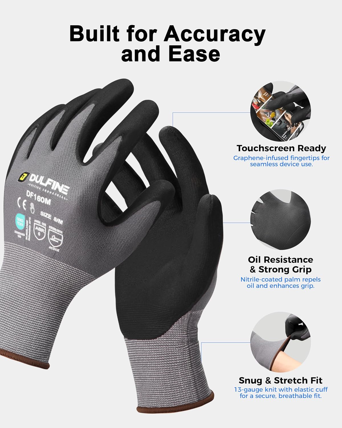 DULFINE Safety Work Gloves MicroFoam Nitrile Coated-6 Pairs Pack,Seamless Knit Nylon Glove with Black Micro-Foam Nitrile Grip,Ideal for General Purpose,Automotive,Home Improvement,Painting(Large)