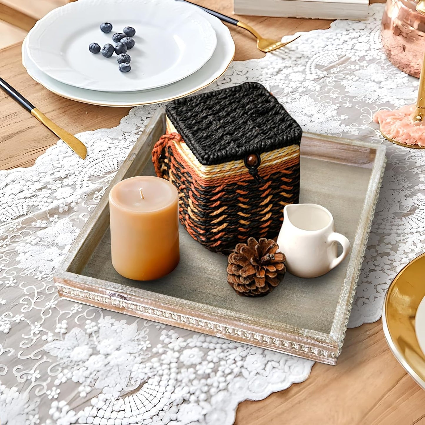 Wooden Decorative Tray, Small Serving Tray with Wood Bead, Farmhouse Big Tray for Ottoman, Countertop, Coffee Tabl, 13" x 13"x 1.6" (White Washed)