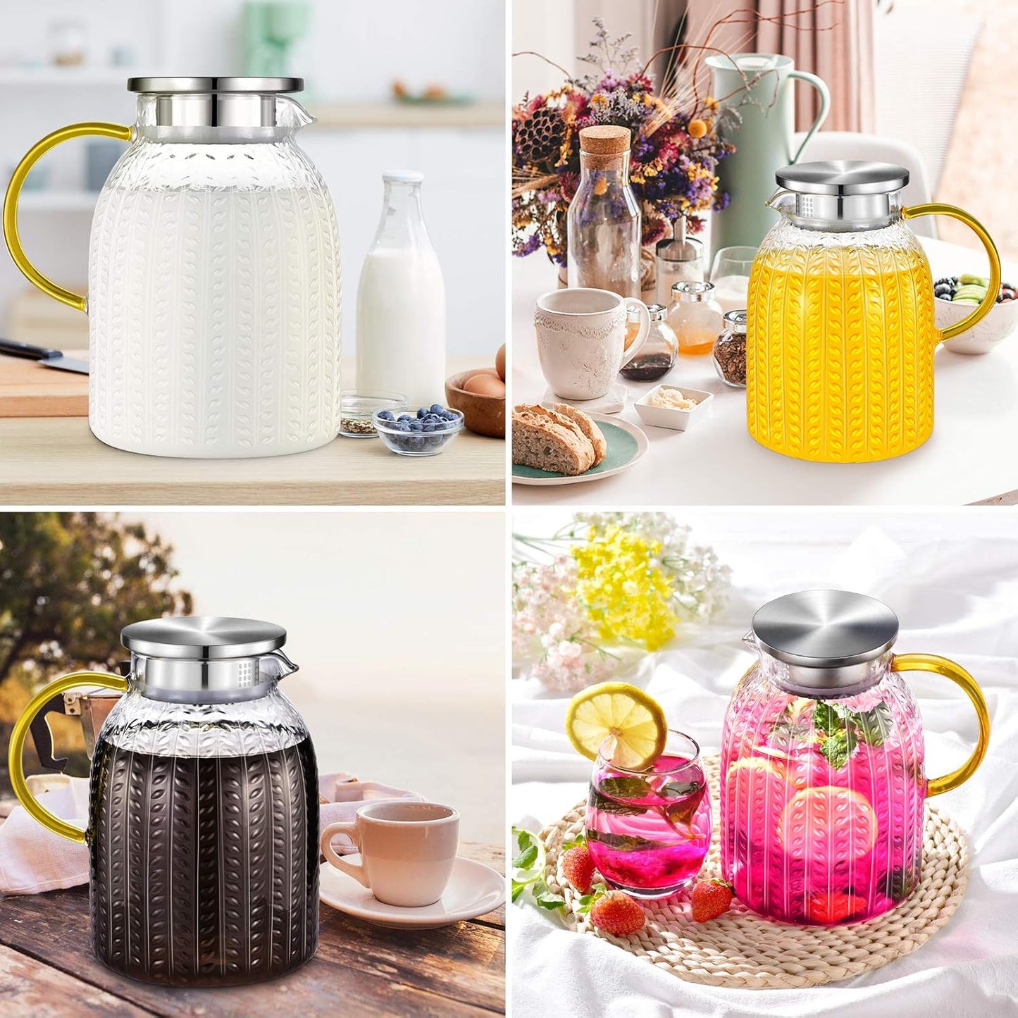 Aofmee 60oz Glass Pitcher, Water Pitcher with Lid, Iced Juice Jugs for Fridge, Glass Carafe for Cold or Hot Beverages, Sun Tea Jar, Easy Clean Heat Resistant Glass Jug for Milk