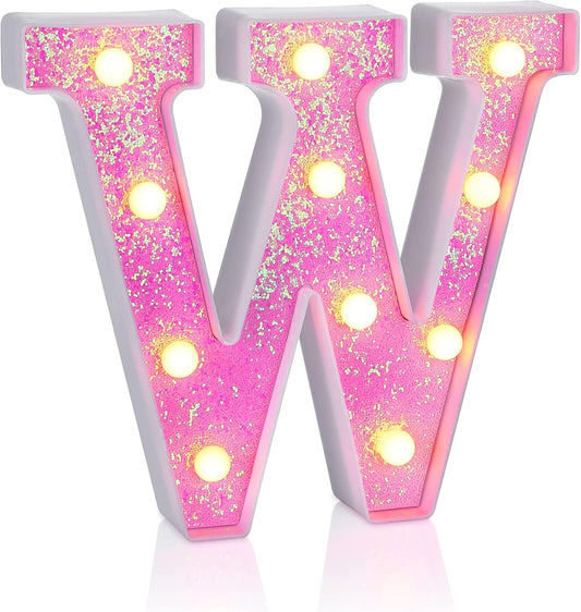 Foaky Pink Light up Letters，Pink Party Decorations,Girls Room Decor,Glitter Light Up Letters,Alphabet Letter Sign for Night Light Birthday Party Girls Gifts, Home Bar Decoration（W）