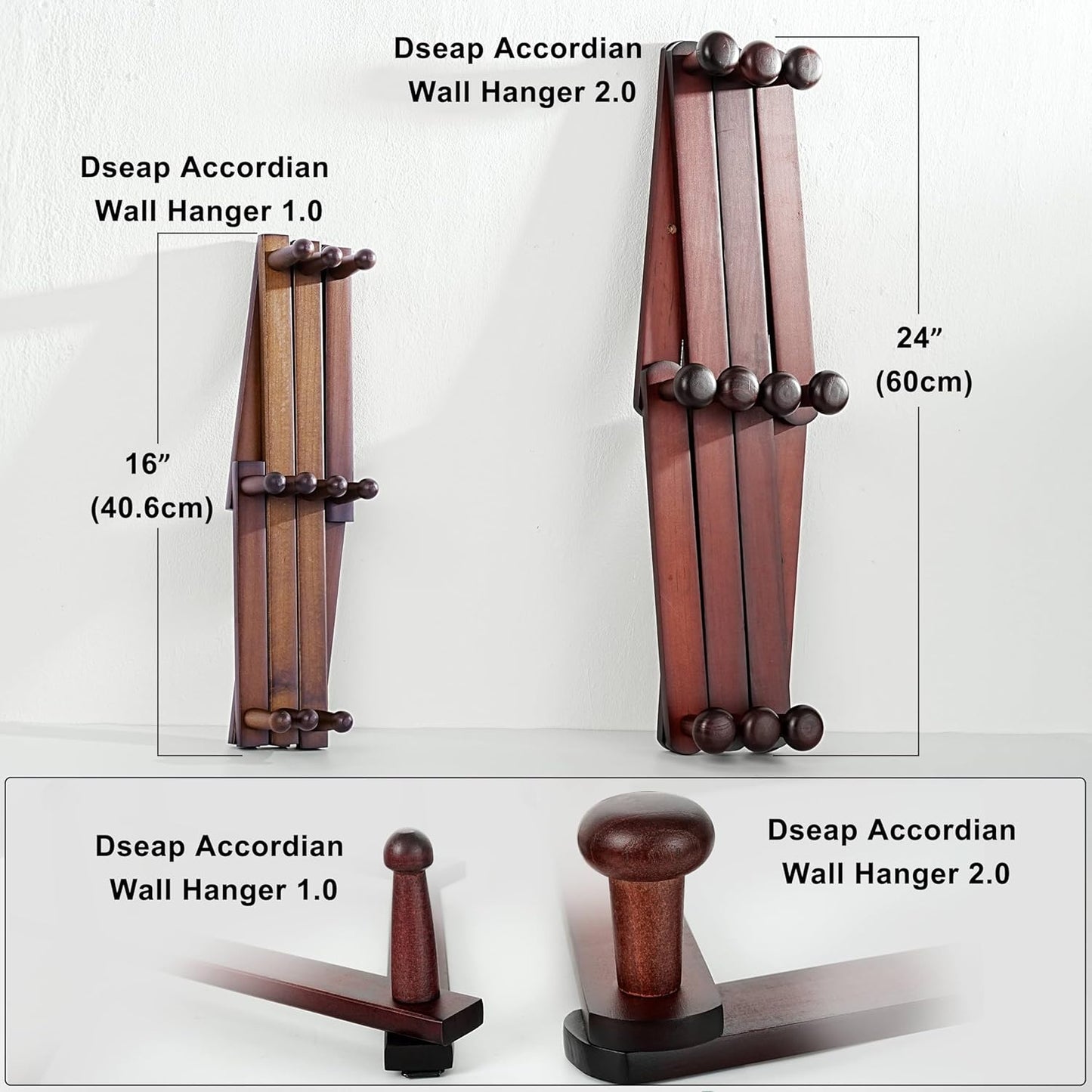 Dseap Expandable Coat Rack (Larger Version) - 24” High, Anti-Slip, Ultra Heavy Duty Wooden Accordian Wall Hanger with 10 Study Peg Hooks for Clothing Hats Jackets Bags, Cherry Red