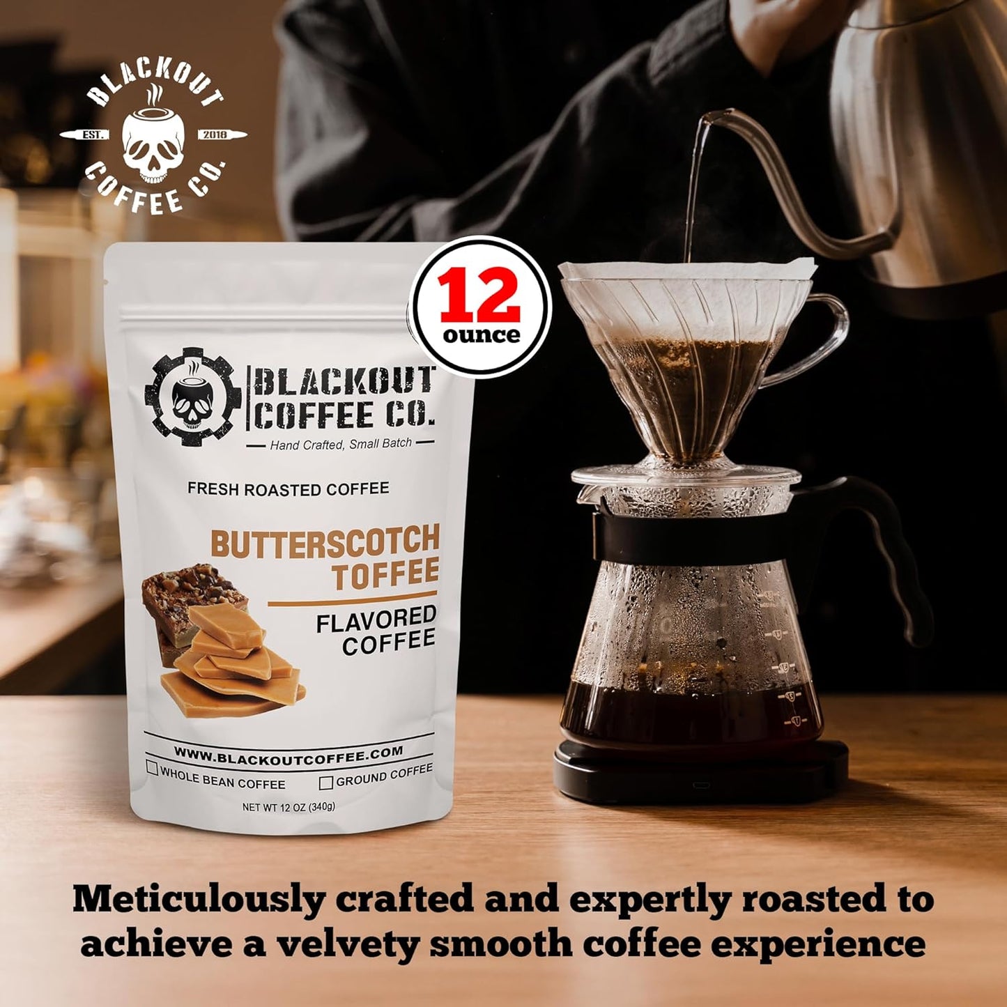 Blackout Coffee Butterscotch Toffee Flavored Medium Roast - Freshly Roasted in the USA - 12 oz Ground Coffee Pouch