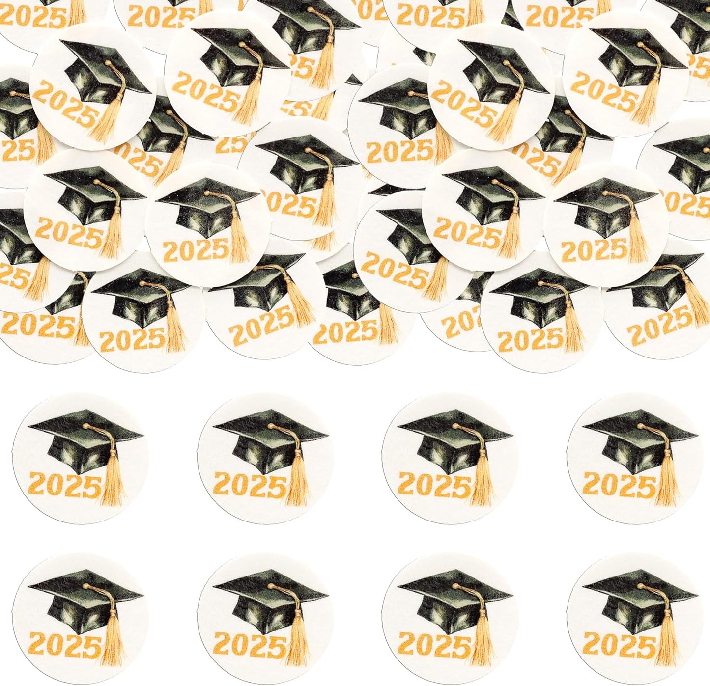 Gyufise 48Pcs Edible 2025 Graduation Cap Cupcake Toppers Wafer Paper Class of 2025 Grad Cap Cupcake Picks for 2025 Graduation Theme Party Cake Decorations Supplies Gold