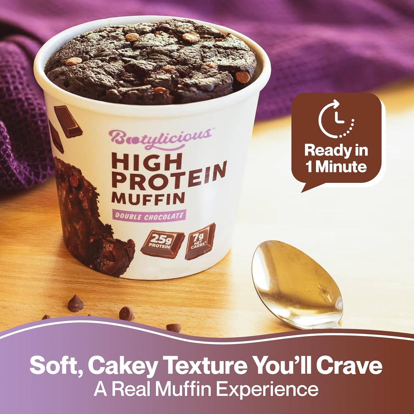 Bootylicious | High-Protein Muffin | 25g Protein, 7g Net Carbs, 2.32-2.75oz Cup, 12-Pack (Double Chocolate)