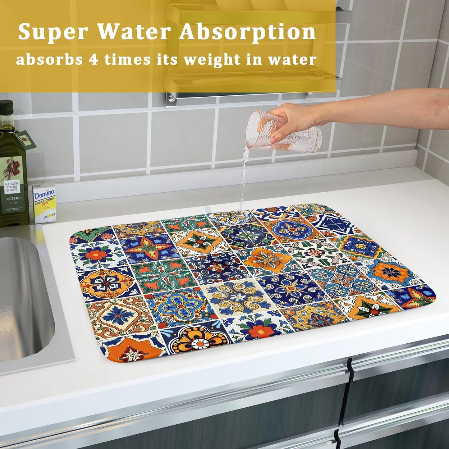 Talavera Mexican Tiles Dish Drying Mat for Kitchen Counter 16x18 Inch Mexican Flower Decorations Dish Draining Mat Mexican Tilt Fast Absorbent Tableware Dishes Pad for Coffee Bar Countertop