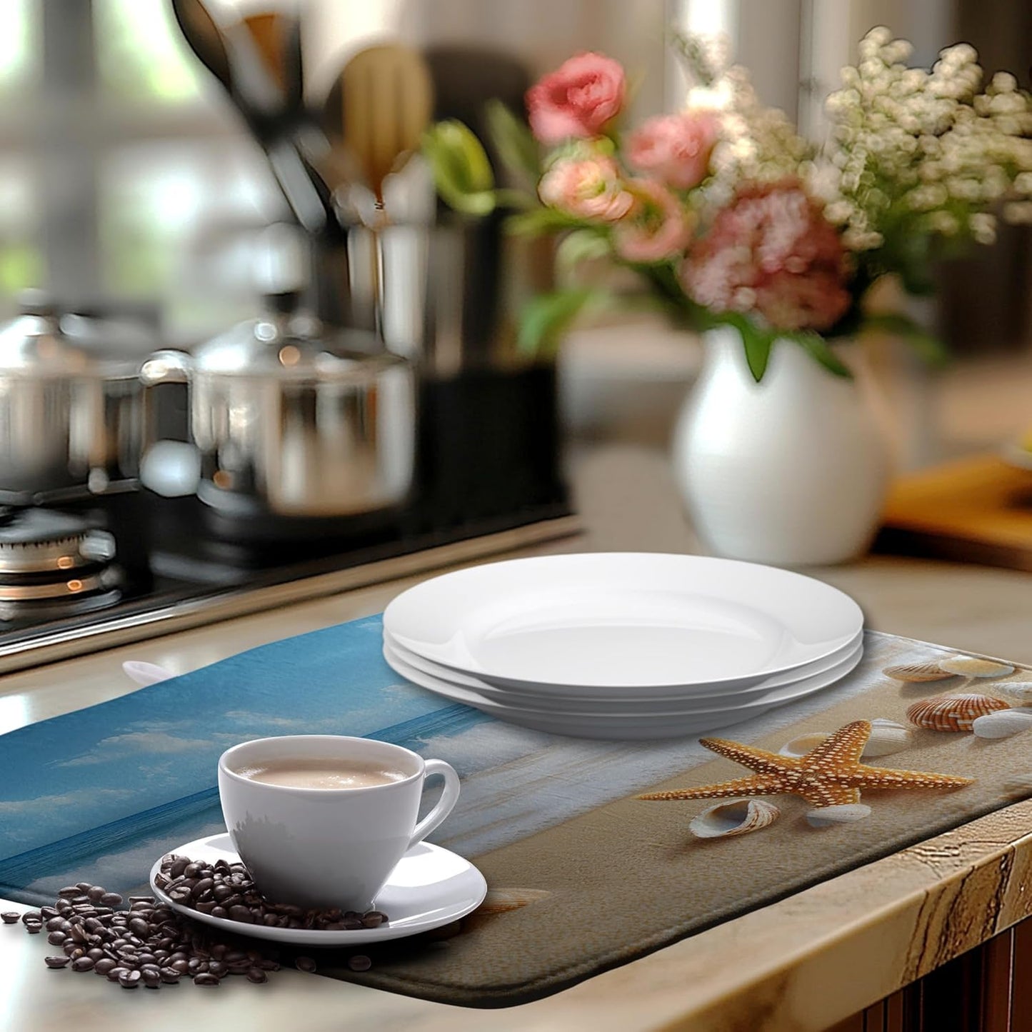 Summer Ocean Beach Blue Dish Drying Mat Sea Shell Starfish Large Kitchen Mat Dish Drying Pad Absorbent Dish Dryer Mat for Kitchen Countertops Microfiber Drainer Pad Dish Drying Rack Mat (18x24 in)