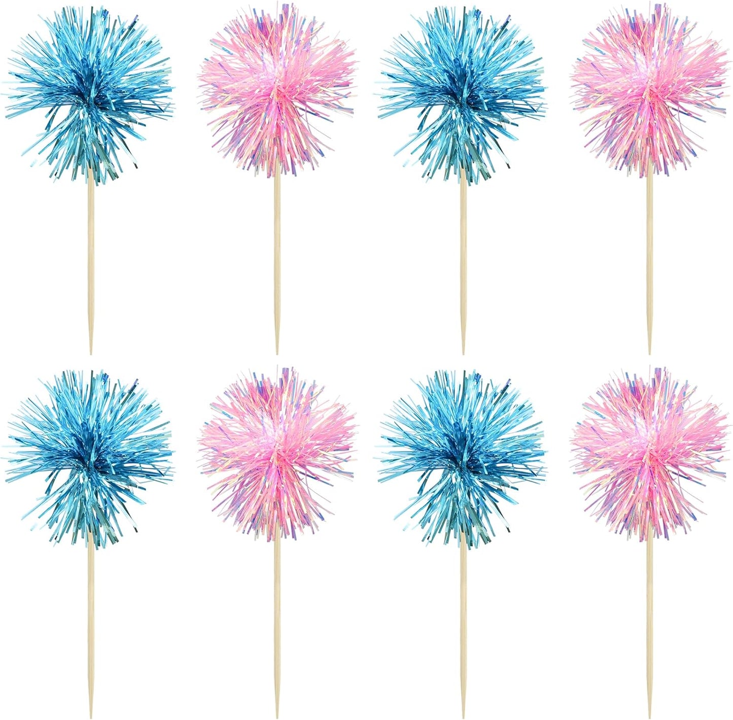 Gyufise 30Pcs Foil Firework Cupcake Toppers Sparkle Tinsel Cake Toppers Tinsel Drink Cake Decoration Cocktail Picks for Birthday Wedding Graduation Party Supplies Light Blue Pink