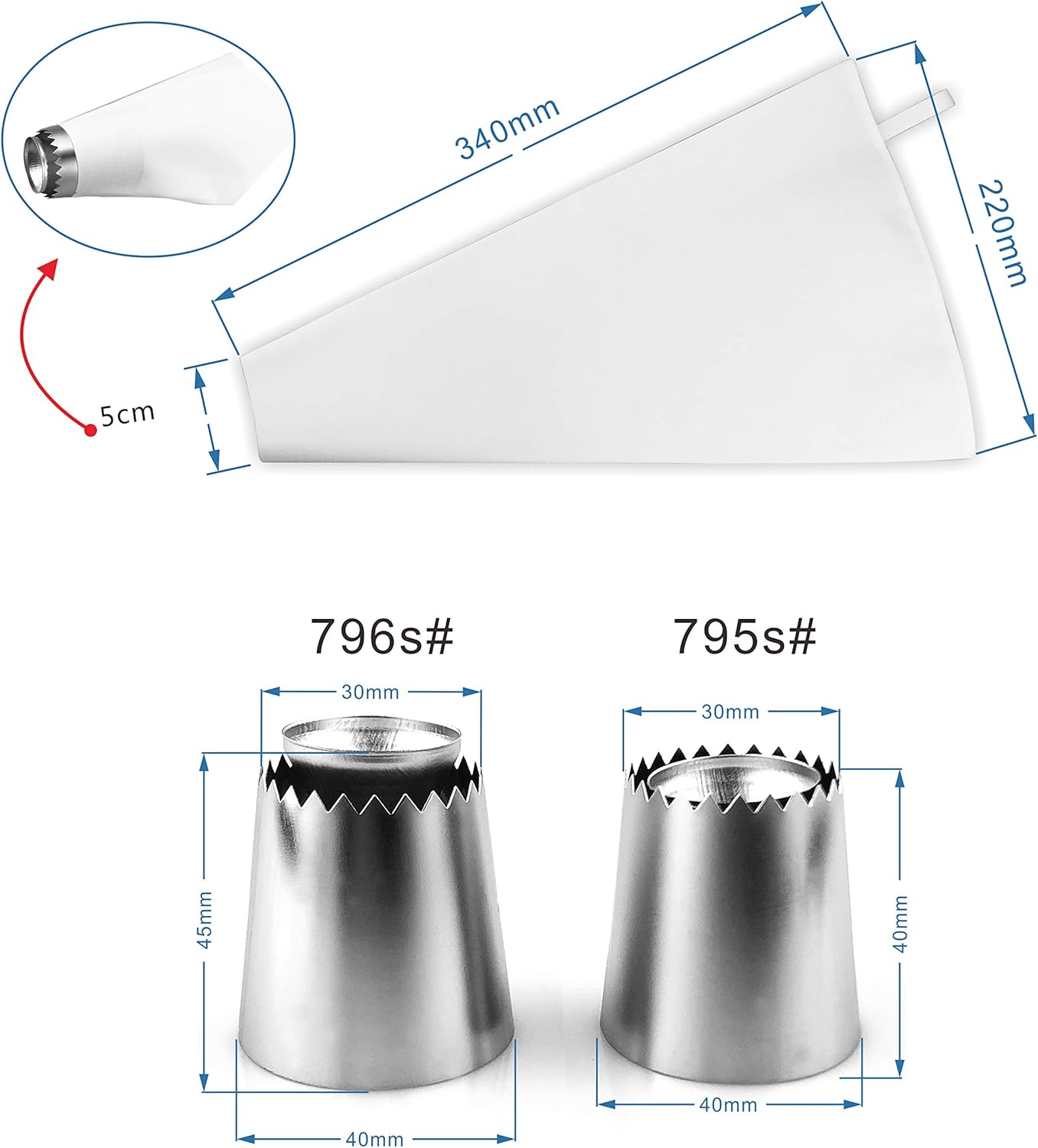 Cake Decorating Set, 2 Pieces Stainless Steel Icing Piping Nozzles Tips Kit with Reusable Piping Bag - Christmas Birthdays Anniversary Wedding Cakes Cookies Dessert Pastry DIY Making Tools