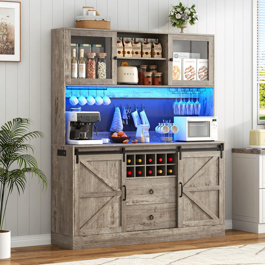 74" Tall 63" Wide Larg Bar Cabinet w/ Outlet,6000-color LED Light,Pegboard,Farmhouse Hutch Bar Cabinet w/Barn Door,2 Big Drawers,Adjustable Shelves,10 Wine & Glasses Rack,5 Hook for Kitchen,OAK