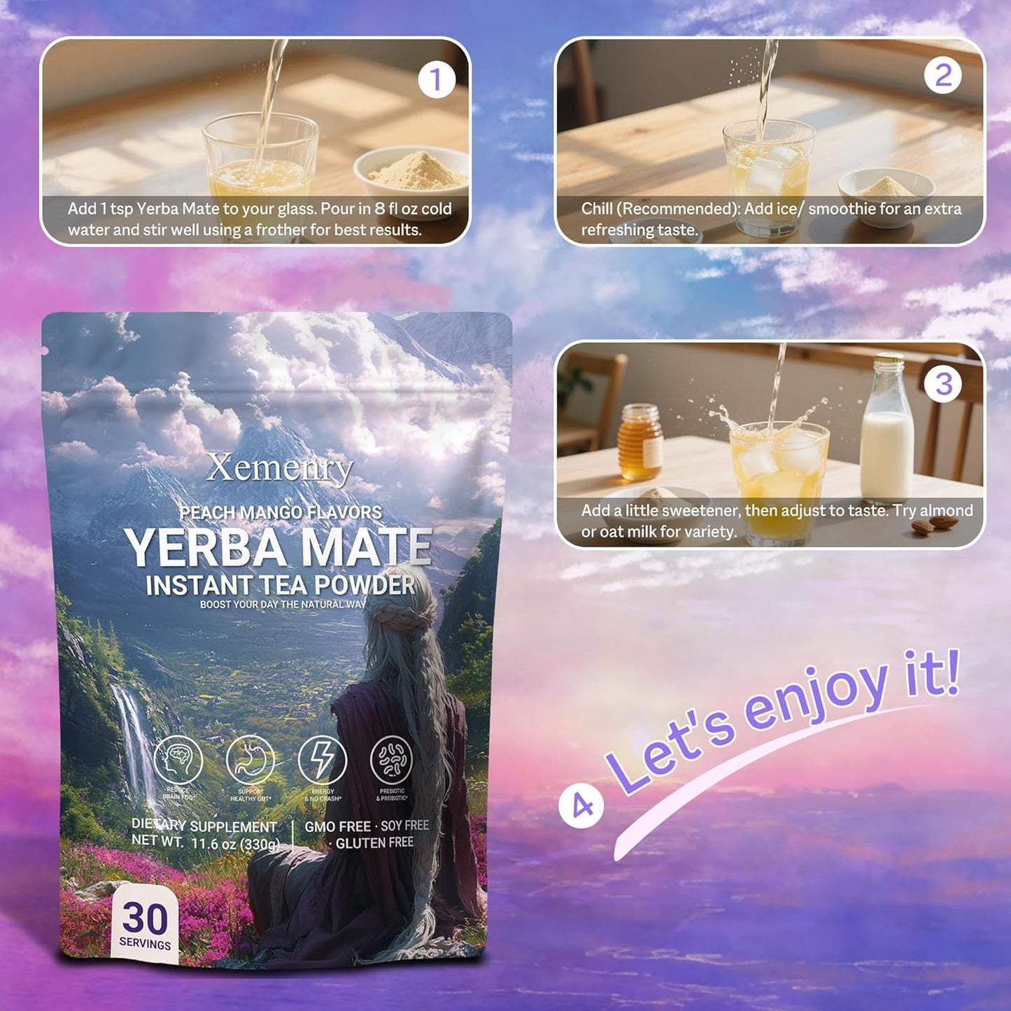 Yerba Mate Tea Powder - Peach Mango, Clean Energy & Focus with L-Theanine, Gut Health Support with Prebiotics, No Crash, 11.6oz (30 Servings)