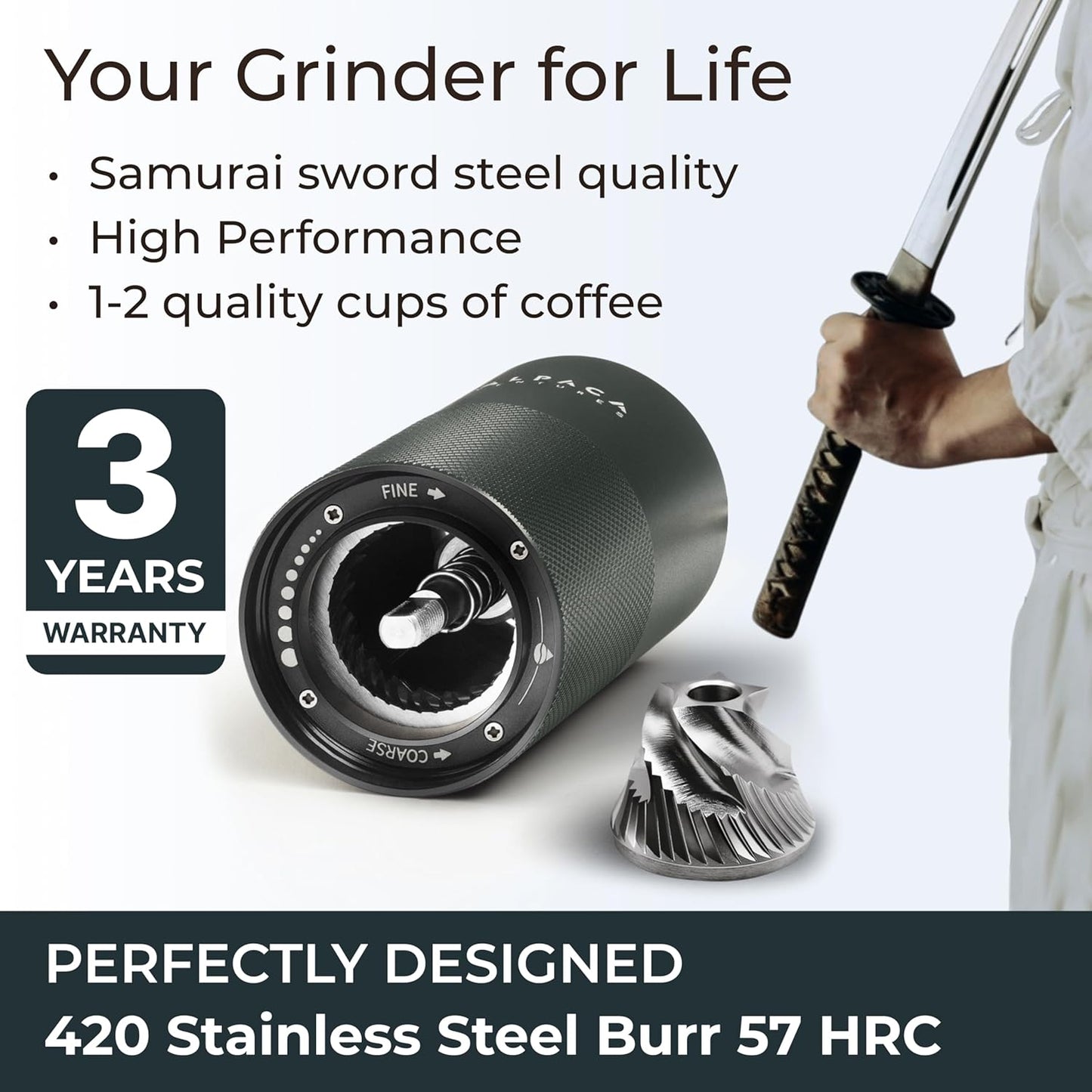 Manual Coffee Grinder by Alpaca Ventures - Stainless Steel Conical Burr Coffee Grinder Manual with Adjustable Setting Double Bearing Hand Espresso Grinder Perfect for Home, Office and Camping