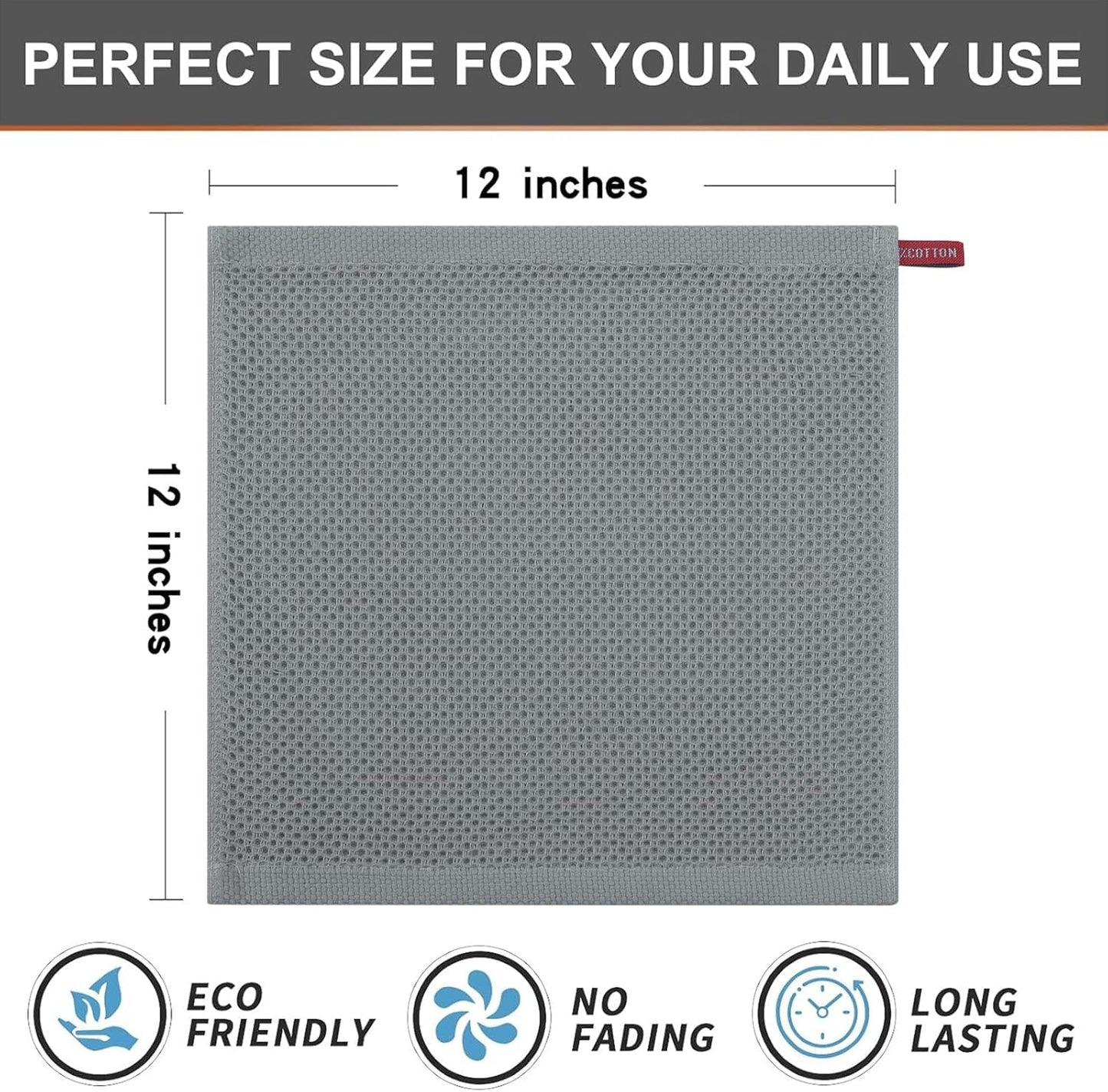 Kitinjoy 100% Cotton Kitchen Dish Cloths (12 X 12 Inches, Grey),6 Pack Waffle Weave Ultra Soft Absorbent Dish Towels for Drying Dishes Quick Drying Kitchen Towels Dish Rags