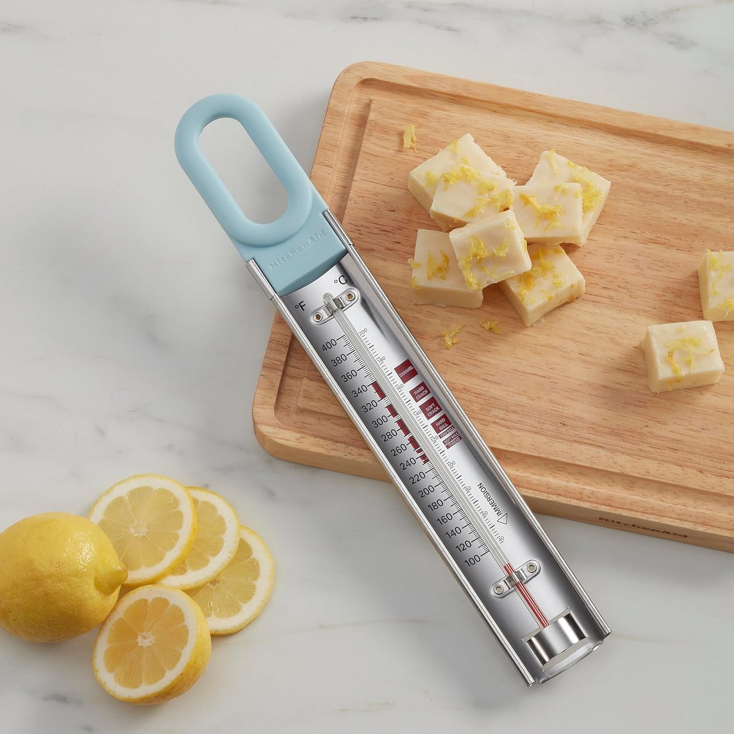 KitchenAid KQ907MW Curved Candy, Deep Fry and Craft Thermometer, Adjustable Silicone Coated Pan Clip, Mineral Water Handle