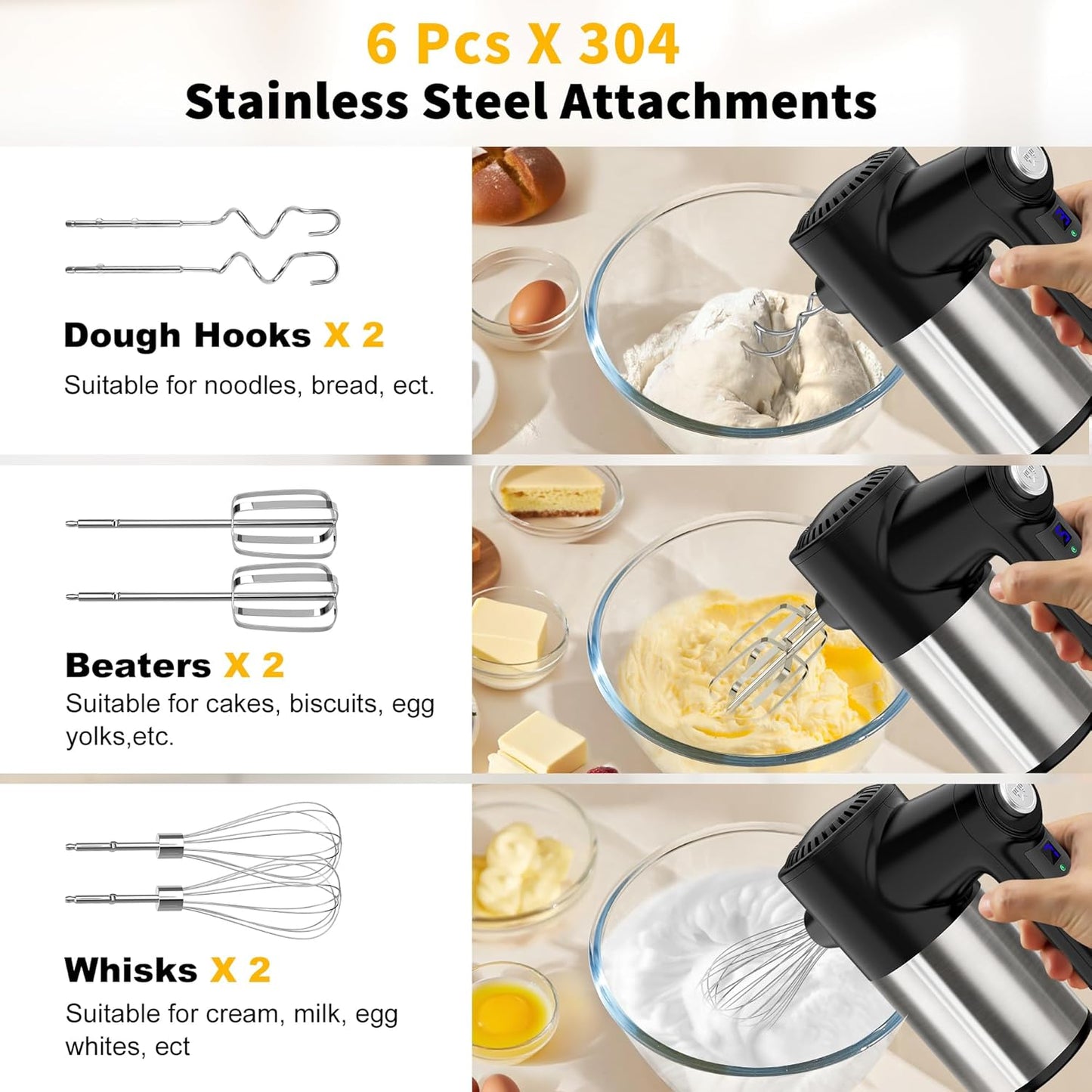 Cordless Hand Mixer, Digital Display 7 Speed Rechargeable Electric Mixer Handheld with 6 Stainless Steel Attachments Whisks Beaters Dough Hooks & Storage Base, Kitchen Blender for Baking, Eggs, Cakes