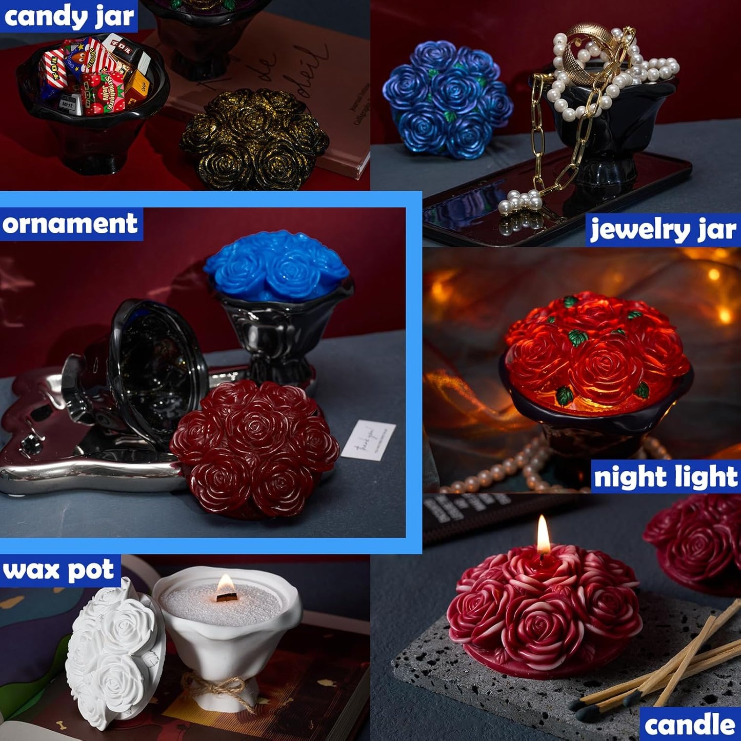 Epoxy Resin Storage Box Silicone Molds A Bouquet of Roses Jar with Lid DIY Jewelry Trinket Candy Container Silicone Mould Epoxy Concrete Cement Plaster Planter Candle Vessel Craft Molds