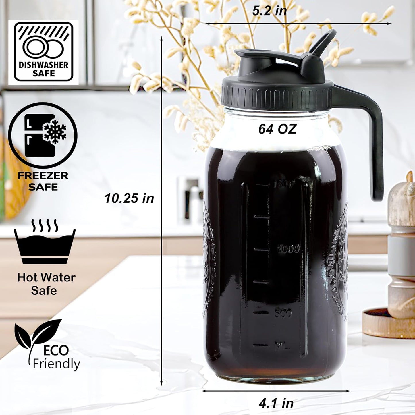 Cold Brew Coffee Maker 64 Oz Mason Jar Iced Coffee Maker 2 Set Half Gallon Glass Pitcher With Pour Spout Lids 2 Quart Wide Mouth Cold Brew Pitcher With Strainer For Fridge, Lemonade, Cold Brew, Milk