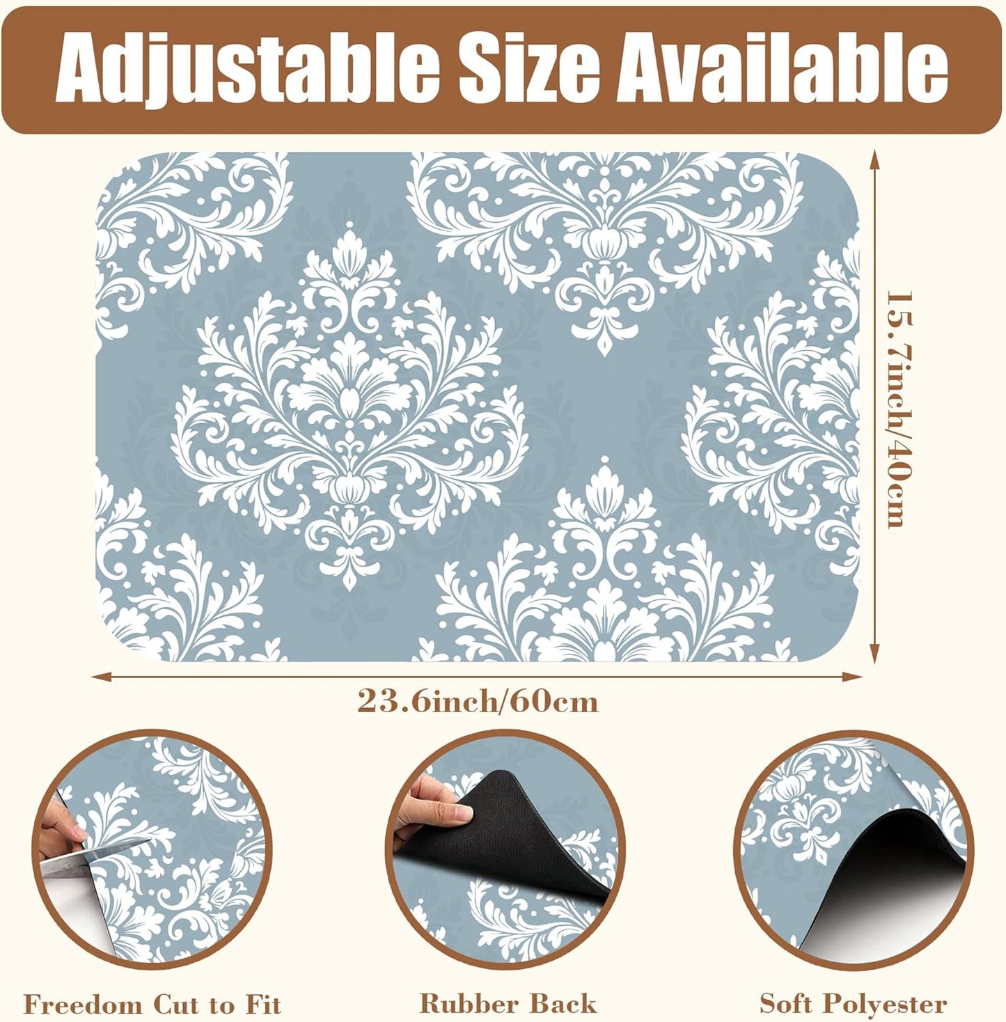 Dish Drying Mat Blue Damask Floral Coffee Bar Mat for Countertop - Absorbent, Rubber Backed, Hide Stain Dish Drainer Rack - Coffee Maker Pot Dining Room Decoration 15.7 x 23.6 Inch