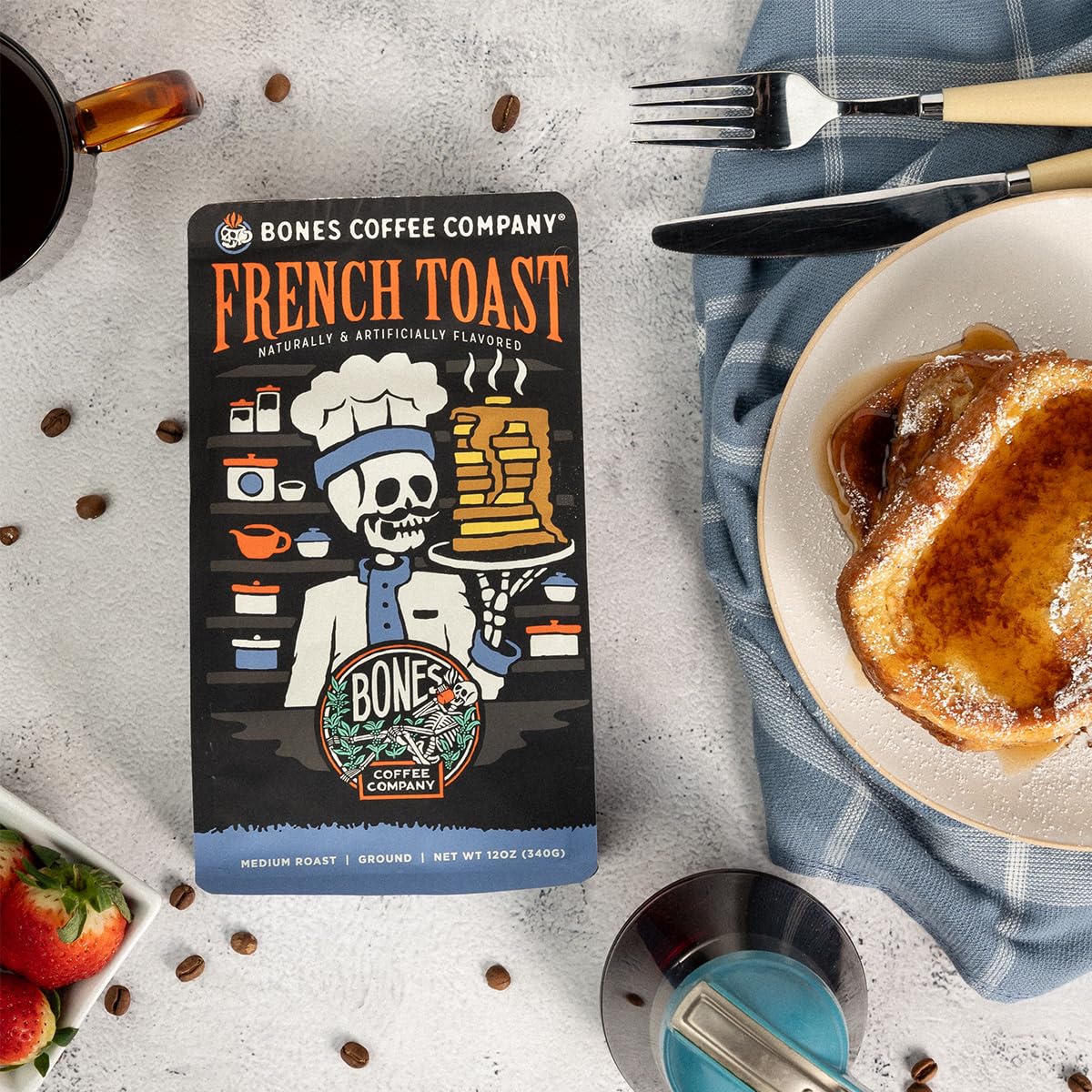Bones Coffee Company French Toast, Sweet and Buttery Flavored Coffee, Medium Roast Low Acid Arabica Beans Compatible with Auto drip and French Press Coffee Maker, 12 Oz Ground
