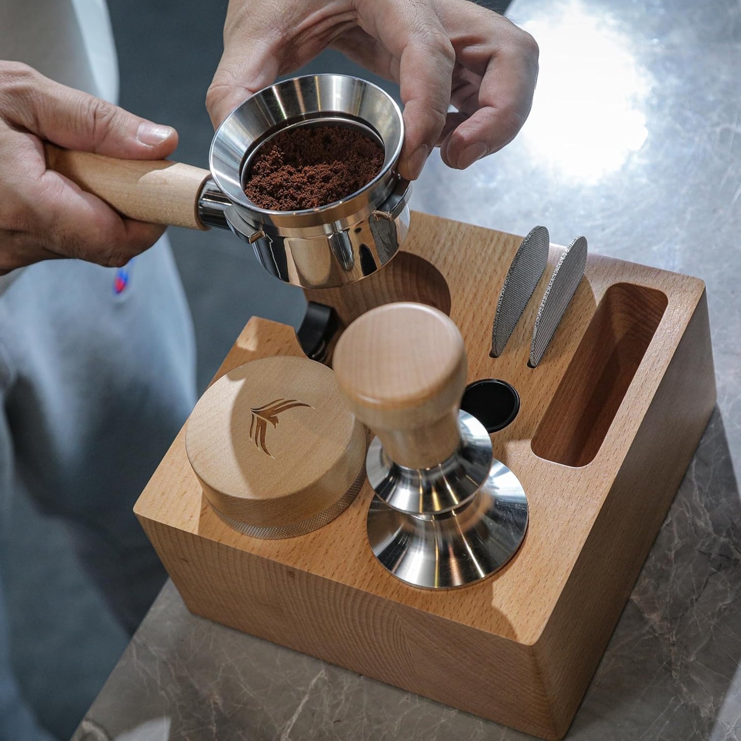 58mm Compact Espresso Tamping Station V3 – Portafilter Stand and Coffee Accessories Organizer for Espresso Machines with Tamper Holder, Distributor Slot, and Multi-Accessory Storage