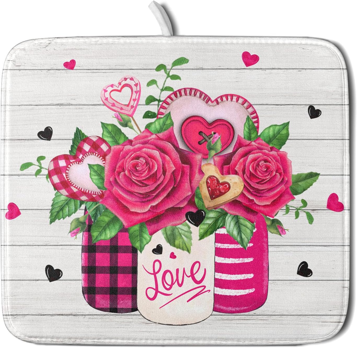 Valentine's Day Rose Flower Dish Drying Mat for Kitchen Counter,Mason Jar Pink Love Heart Drying Mat 16 x 18 Inch with High Absorbent Microfiber Drainer Mat for Coffee Bar