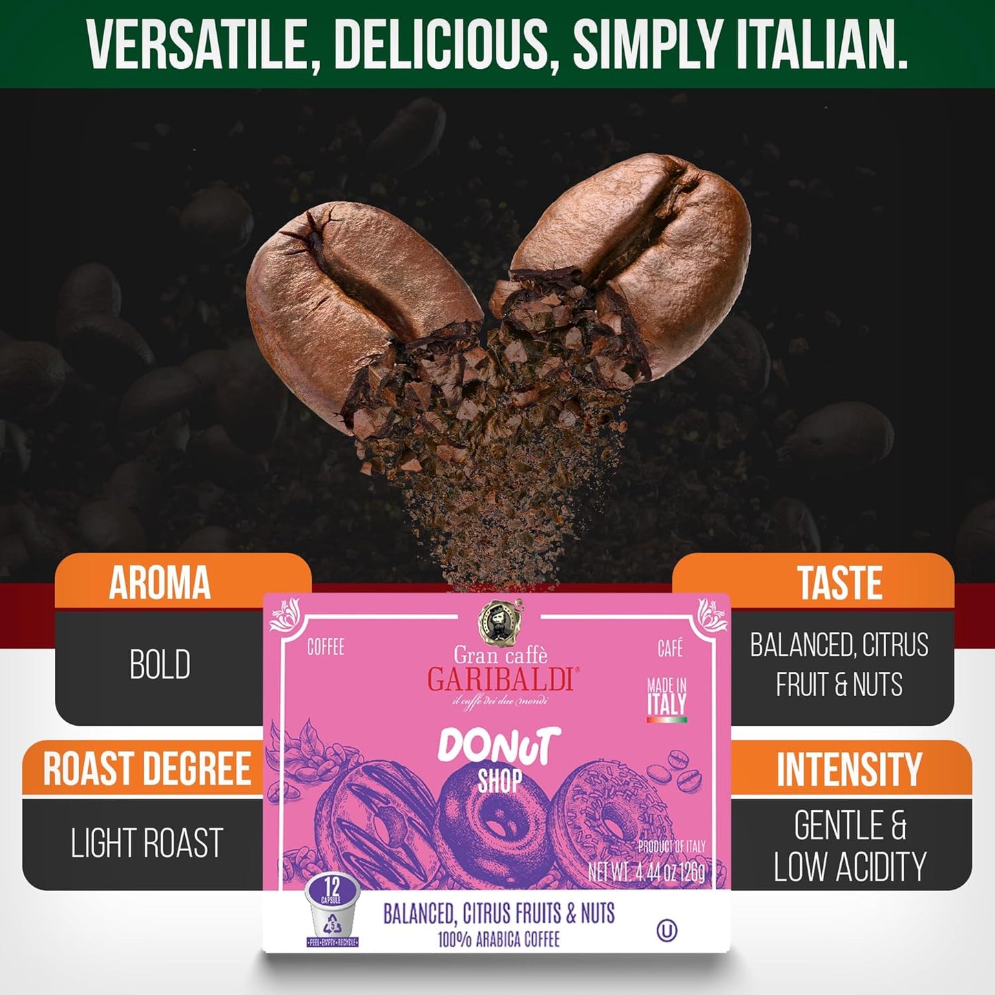 Caffè Garibaldi Donut Shop Coffee Pods, Single-Serve Capsules for Keurig K-Cup Brewers, Single Serve Cups with 100% Arabica Blend, 72 Count Recyclable Coffee Pods - Light Roast