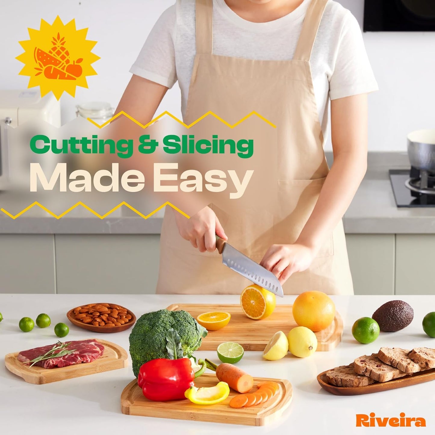 Riveira Two Tone Bamboo Wood Cutting Board – Gourmet Bamboo Grandeur: 20 x 30 Wooden Cutting Board – Wooden Cutting Boards For Kitchen Decorative – Innovative Juice Grooves Wooden Chopping Board