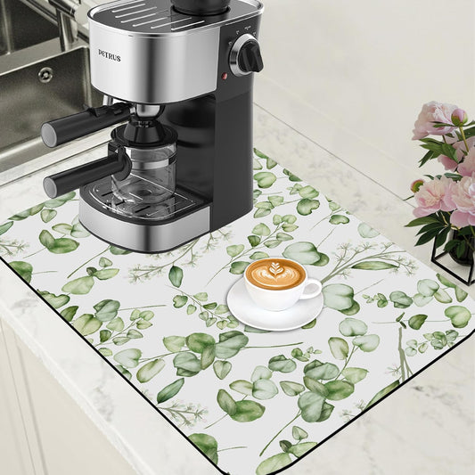 Eucalyptus Leaves Dish Drying Mat for Kitchen Counter Coffee Mat Hide Stain Absorbent Rubber Backed Drying Rack Pad Espresso Machine Coffee Bar Accessories 15.7 x 23.6 Inch