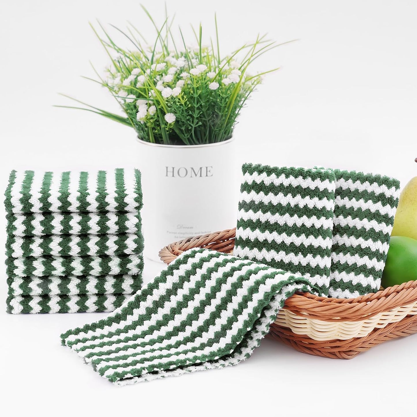 Homaxy 24 Pack Kitchen Dish Cloths, Ultra Soft and Absorbent Dish Towels, Reusable Fast Drying Microfiber Cleaning Cloth, Coral Velvet Wave Design No-lint, 10 x 10 inches, Grass Green