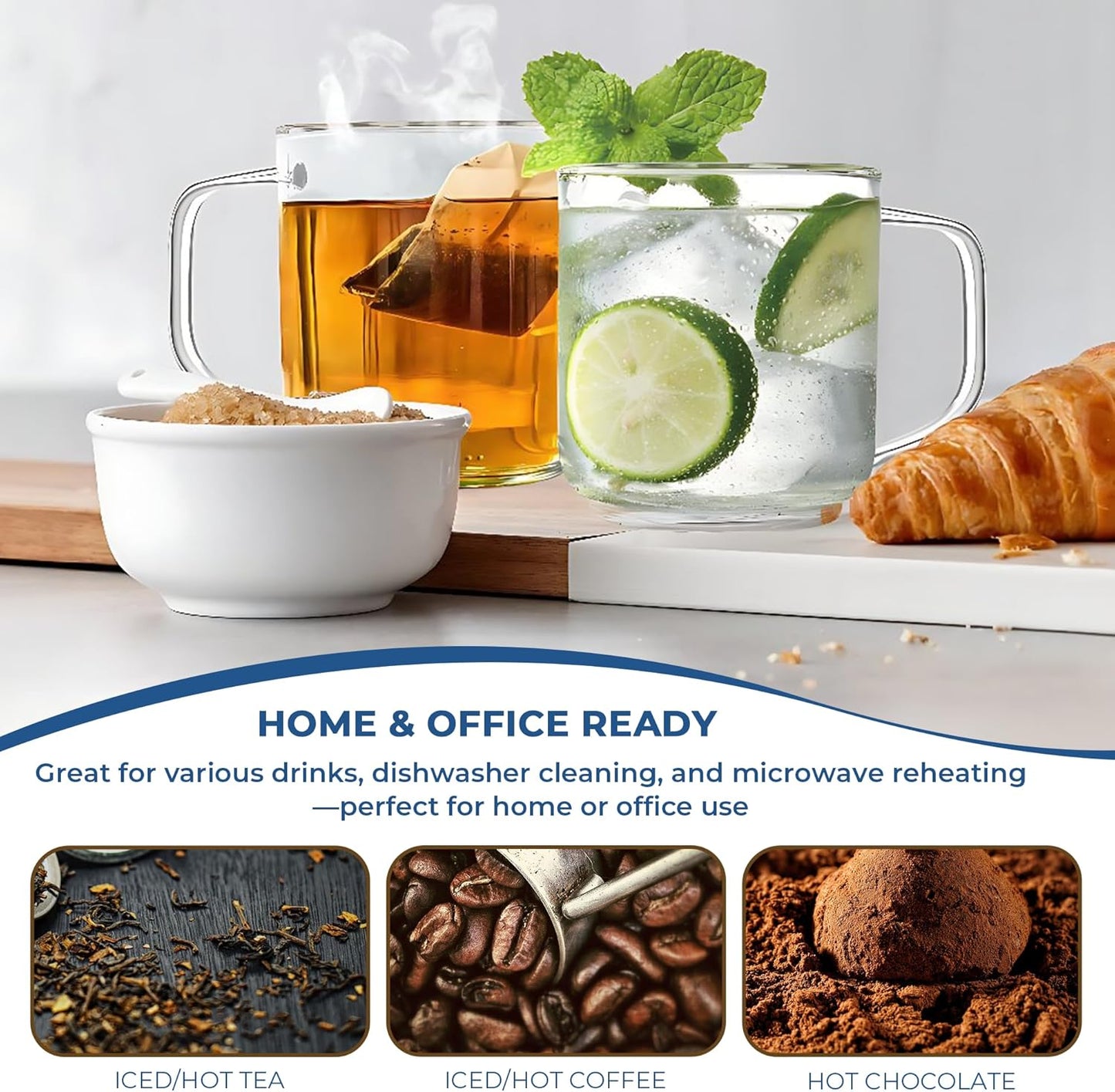 Aquach 22oz Large Clear Glass Coffee Mugs Set of 2 - Serve as General Drinking Glasses for Water, Coffee, Tea, and Juice