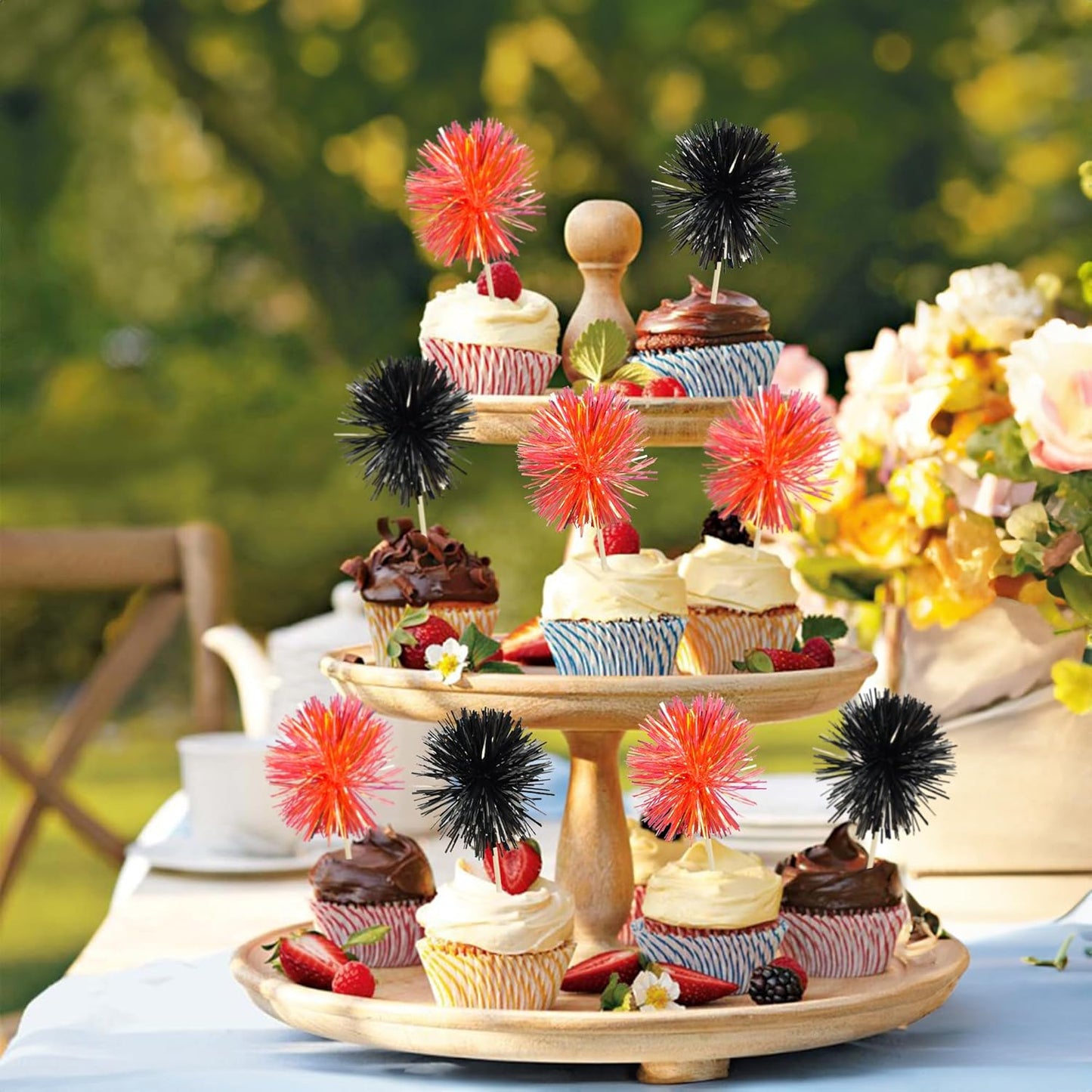 Gyufise 30Pcs Foil Firework Cupcake Toppers Sparkle Tinsel Cake Toppers Tinsel Drink Cake Decoration Cocktail Picks for Birthday Wedding Graduation Party Supplies Black Orange