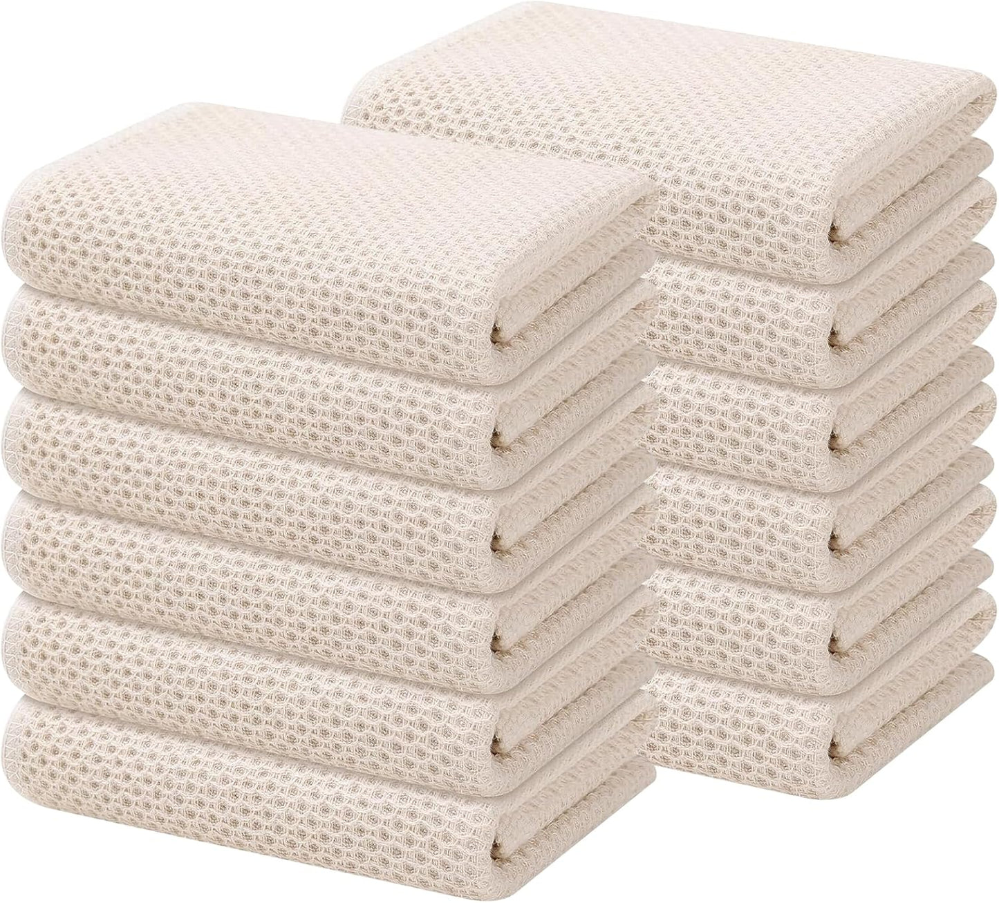 Kitinjoy 100% Cotton Waffle Weave Kitchen Towels, 12-Pack Super Soft and Absorbent Dish Towels for Drying Dishes, Kitchen Hand Towels, 13 in x 28 in, Beige