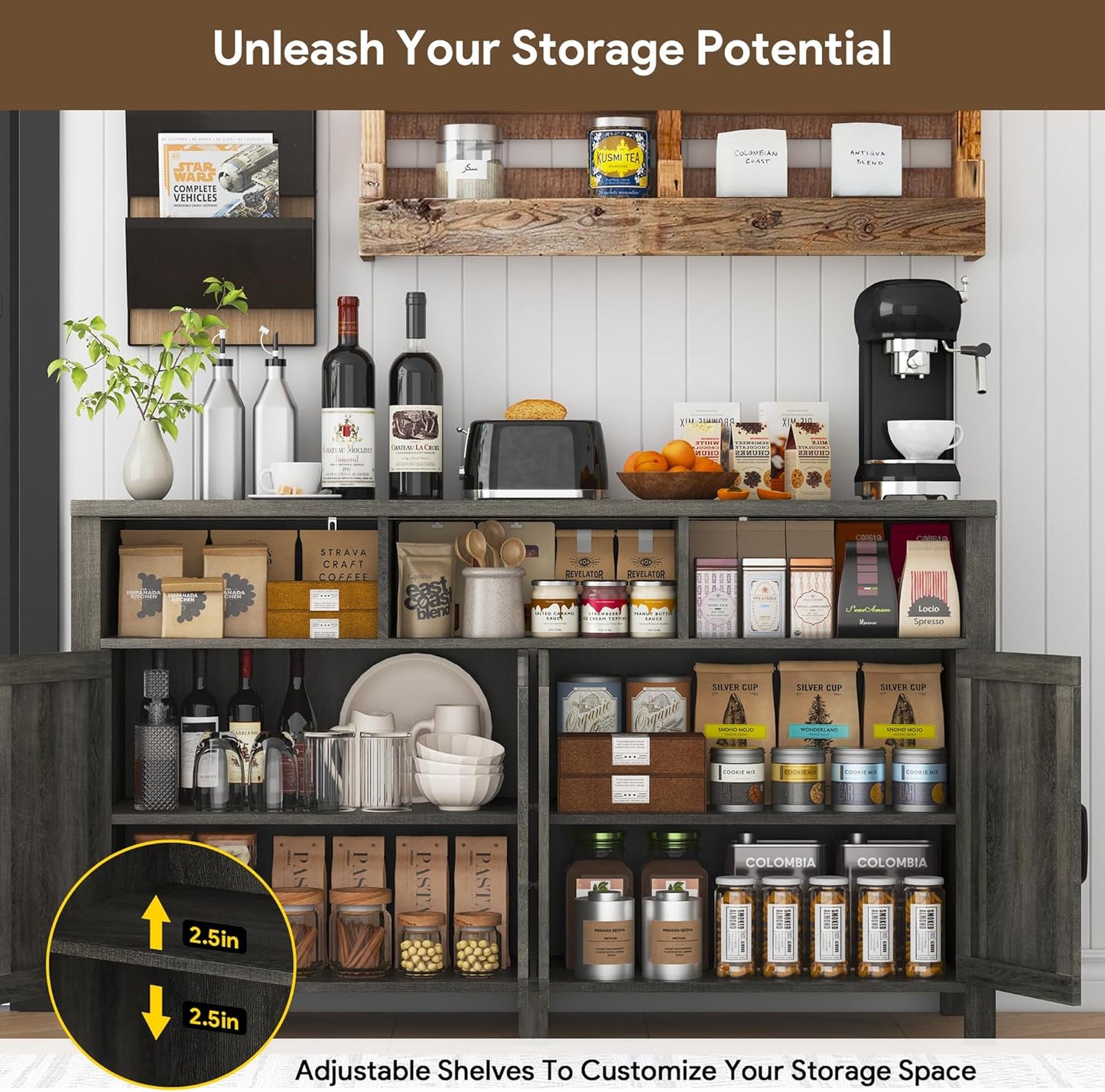 Buffet Sideboard with Storage Farmhouse with 4 Doors, 55'' Large Kitchen Storage Cabinet Wood Coffee Bar Cabinet Buffet Table with Shelves for Kitchen, Dining Room, Entryway (Gray, 55in)