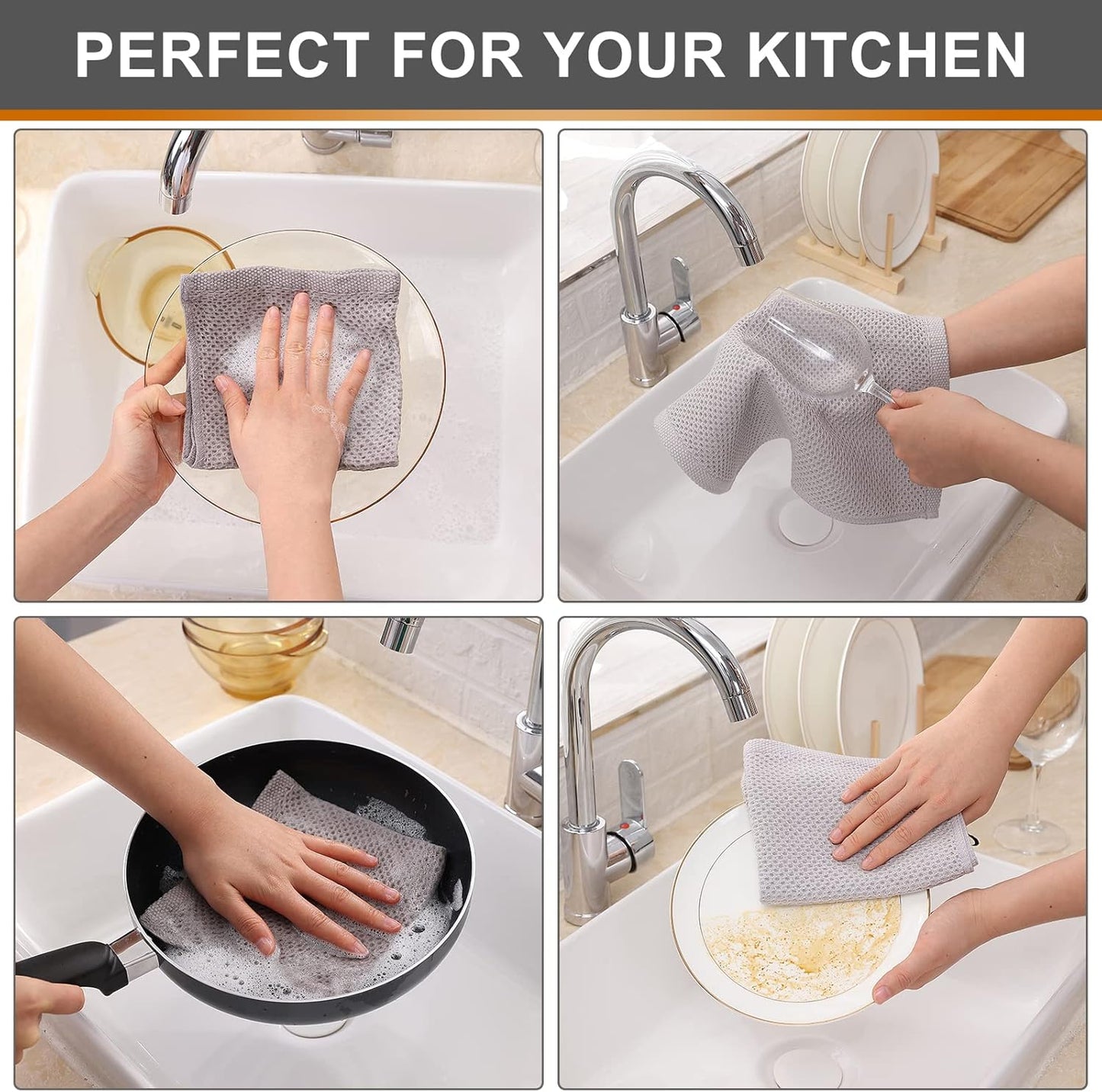 Kitinjoy 100% Cotton Kitchen Dish Cloths, 6 Pack Waffle Weave Ultra Soft Absorbent Dish Towels for Drying Dishes Quick Drying Kitchen Towels Dish Rags, 12 X 12 Inches, Light Grey