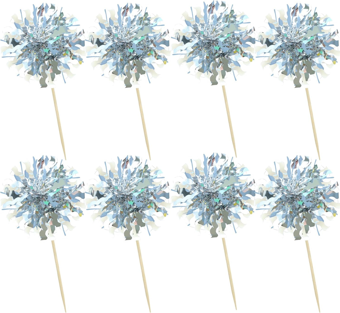 Ephlyn 30Pcs Foil Firework Cupcake Toppers Happy Birthday Cake Toppers Tinsel Flower Drink Stirrers Cocktail Food Fruit Toothpicks for Valentine's Day Party Decorations Silver