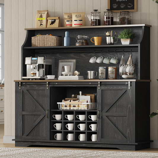 55 Inch Farmhouse Coffee Bar Cabinet with 3-Tier Storage, Kitchen Hutch with 12 Wine Racks & 3 Glass Holders, Coffee Bar with 6 Hooks, Wine Bar Cabinet for Dining Living Room, Black