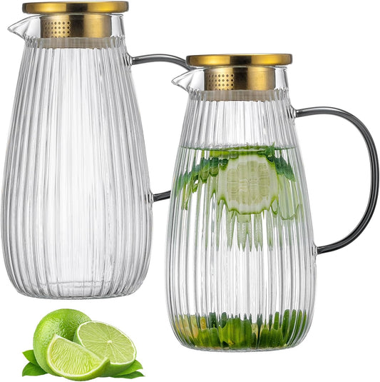 2 PACK Glass Pitcher with Lid and Spout,68 oz/2 Liter Vertical Stripes Water Pitcher for Fridge, Clear Borosilicate Glass Water Carafe for Cold Brew, Coffee, Lemonade, Sun Tea,Heat Resistant