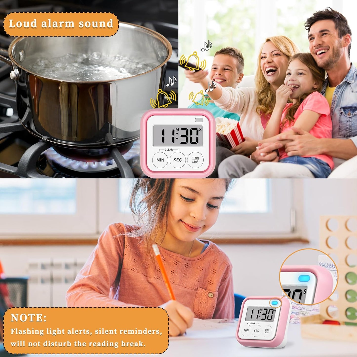 Timer, Kitchen Timers for Cooking Classroom Timer for Kids Teachers Magnetic Digital Timers 2 Pack, Pink