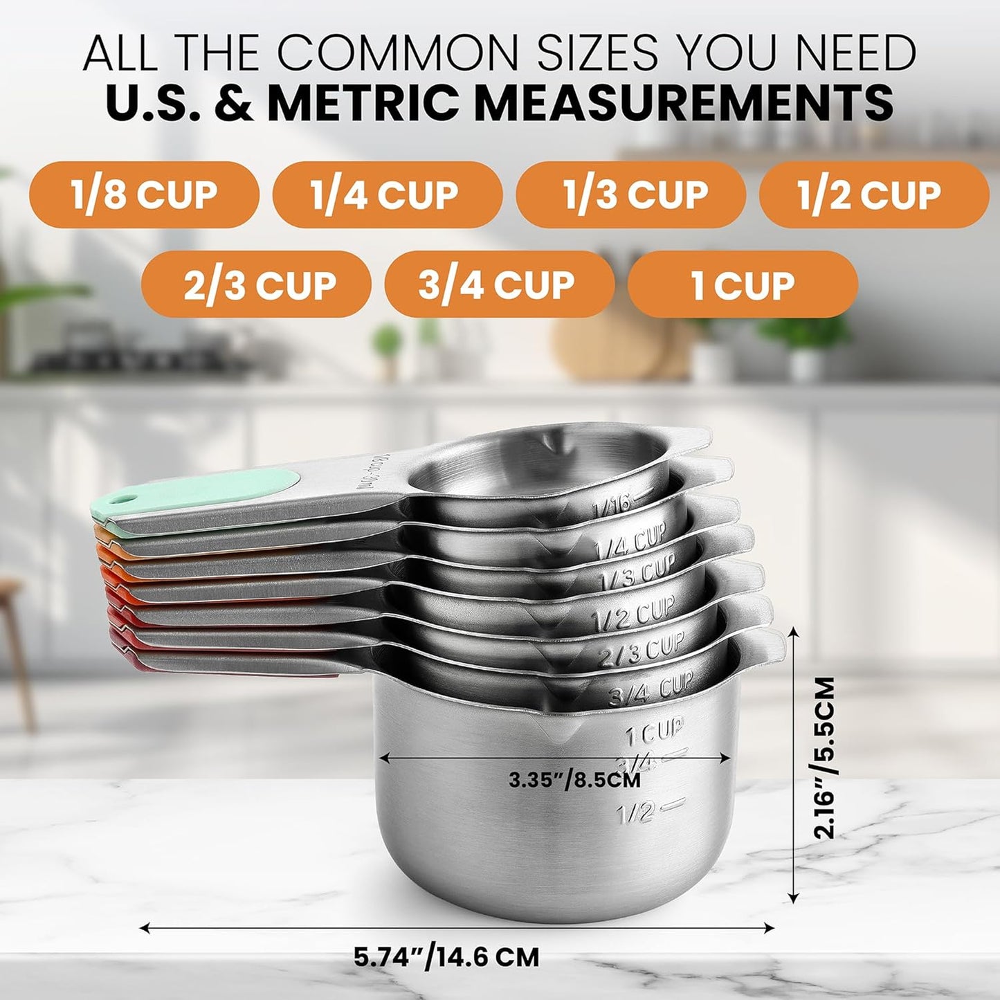 Spring Chef Magnetic Stainless Steel Measuring Cups (Patent Pending), Kitchen Tools with Easy to Read Markings for Measuring Dry or Liquid Ingredients, Set of 7, Desert Sunset