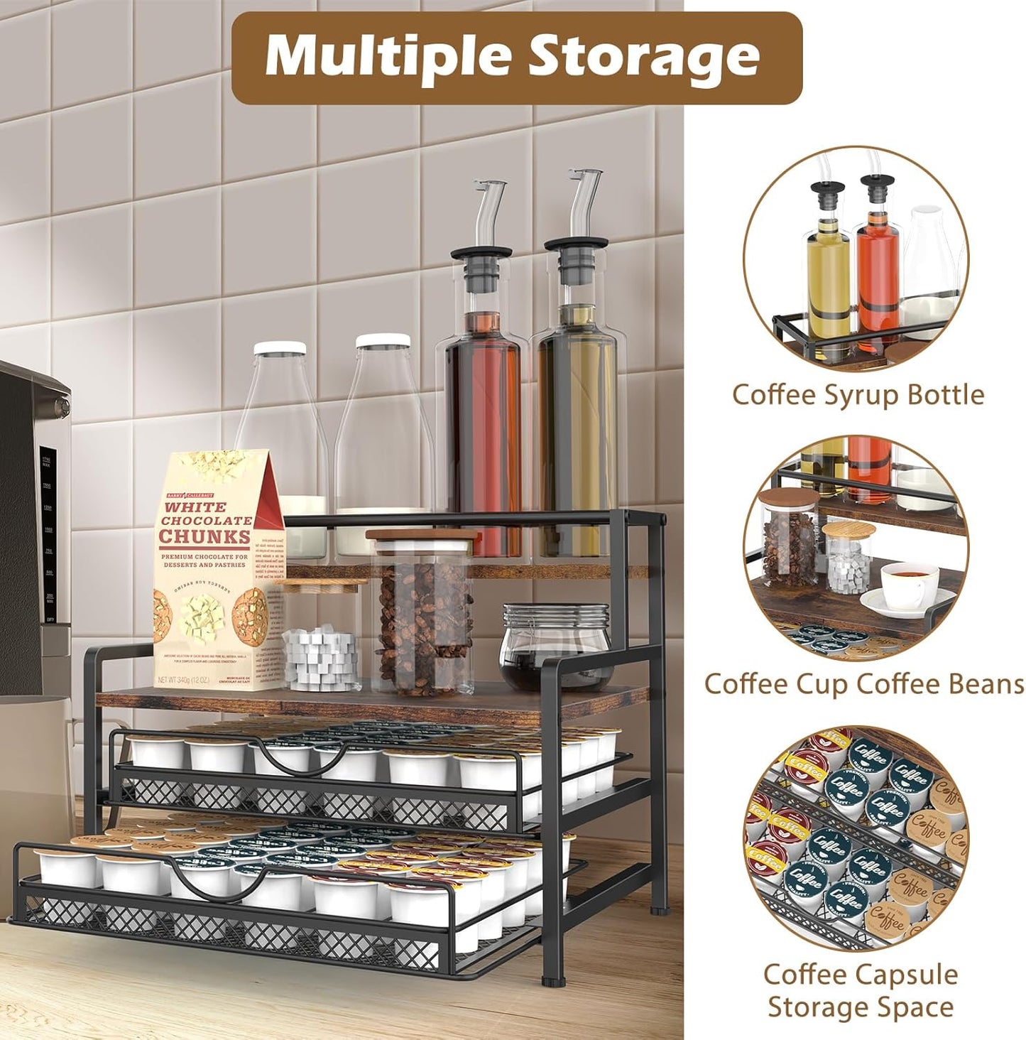 Coffee Bar Organizer, Coffee Pod Organizer,3 Tier Coffee Syrup Rack Organizer,72 K Cup Storage for Counter Storing K Cup,Coffee Syrups, Coffee Makers and Other Coffee Supplies-Rustic Brown