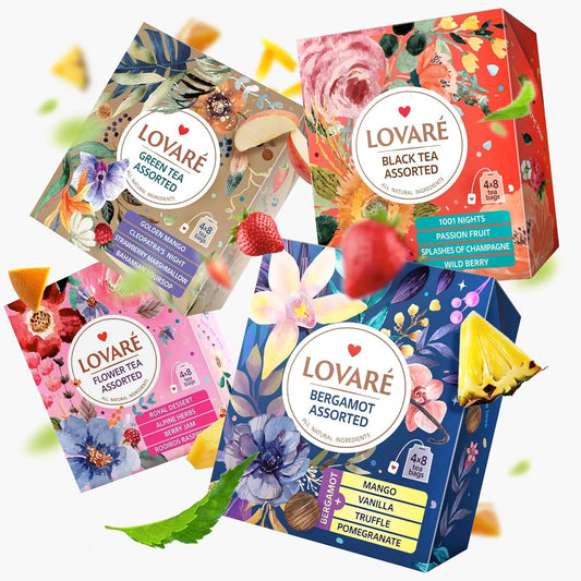 LOVARE Assorted Tea Variety Pack 32 Pack per Box - Made in Ukraine - Set of 4 Tea Bags Individually Wrapped 128 Pack - Bergamot Black, Floral, Black and Green Assorted Tea Bags Variety Pack