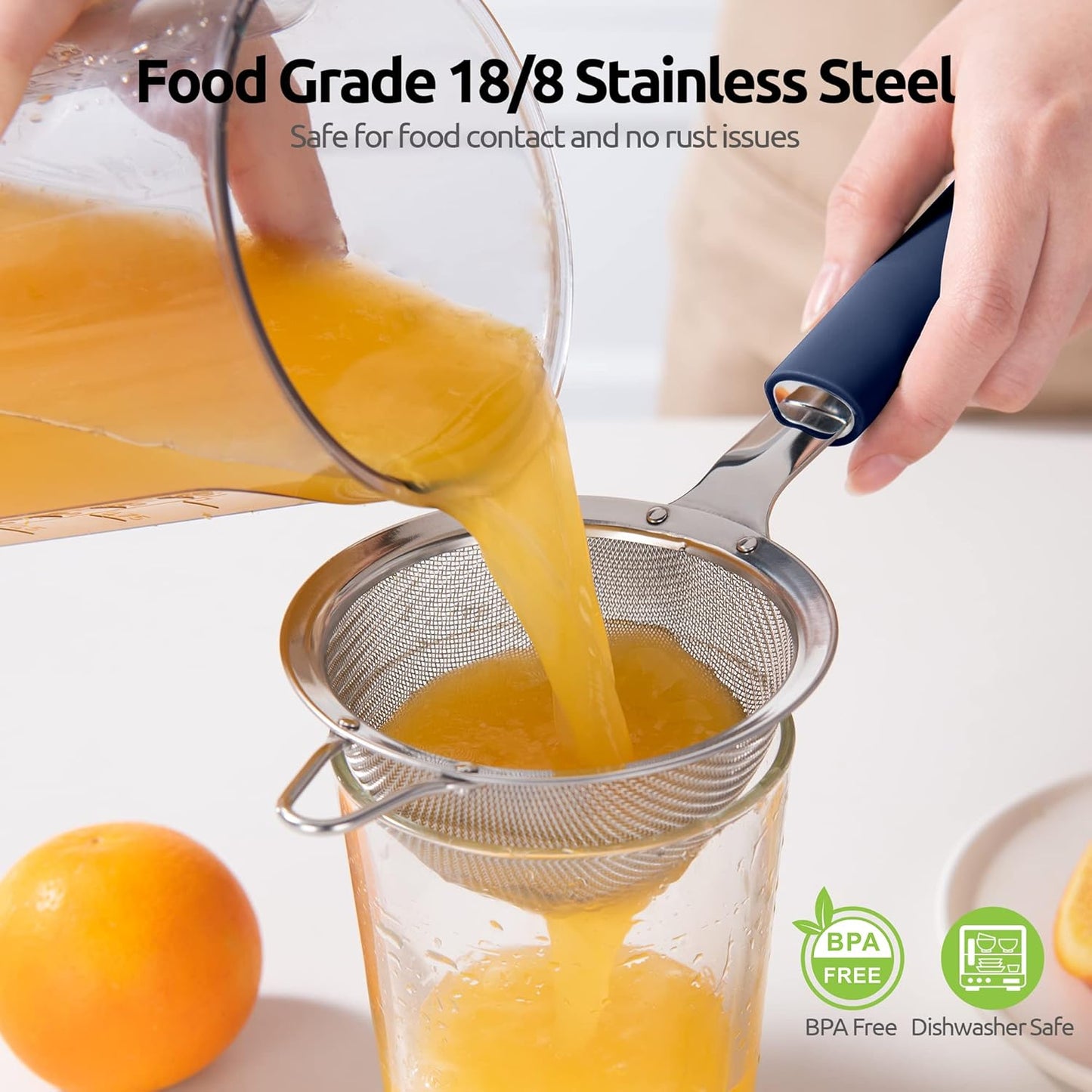 18/8 Stainless Steel Mesh Strainer: U-Taste 3.9 Inch Kitchen Fine Mesh Sieve Food Colander with Riveted Sturdy Silicone Handle and 30 Mesh Hole for Straining Flour, Quinoa, Tea, Juice (Midnight Blue)