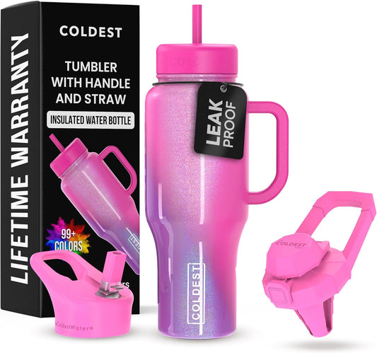 Coldest 40 oz Tumbler with Handle and Straw, 100% Leak Proof Insulated Tumbler with Lid and Straw (3 Lids), Stainless Steel Tumblers for Women & Men, Cup Holder Friendly, 36 oz (Mulberry Dream)